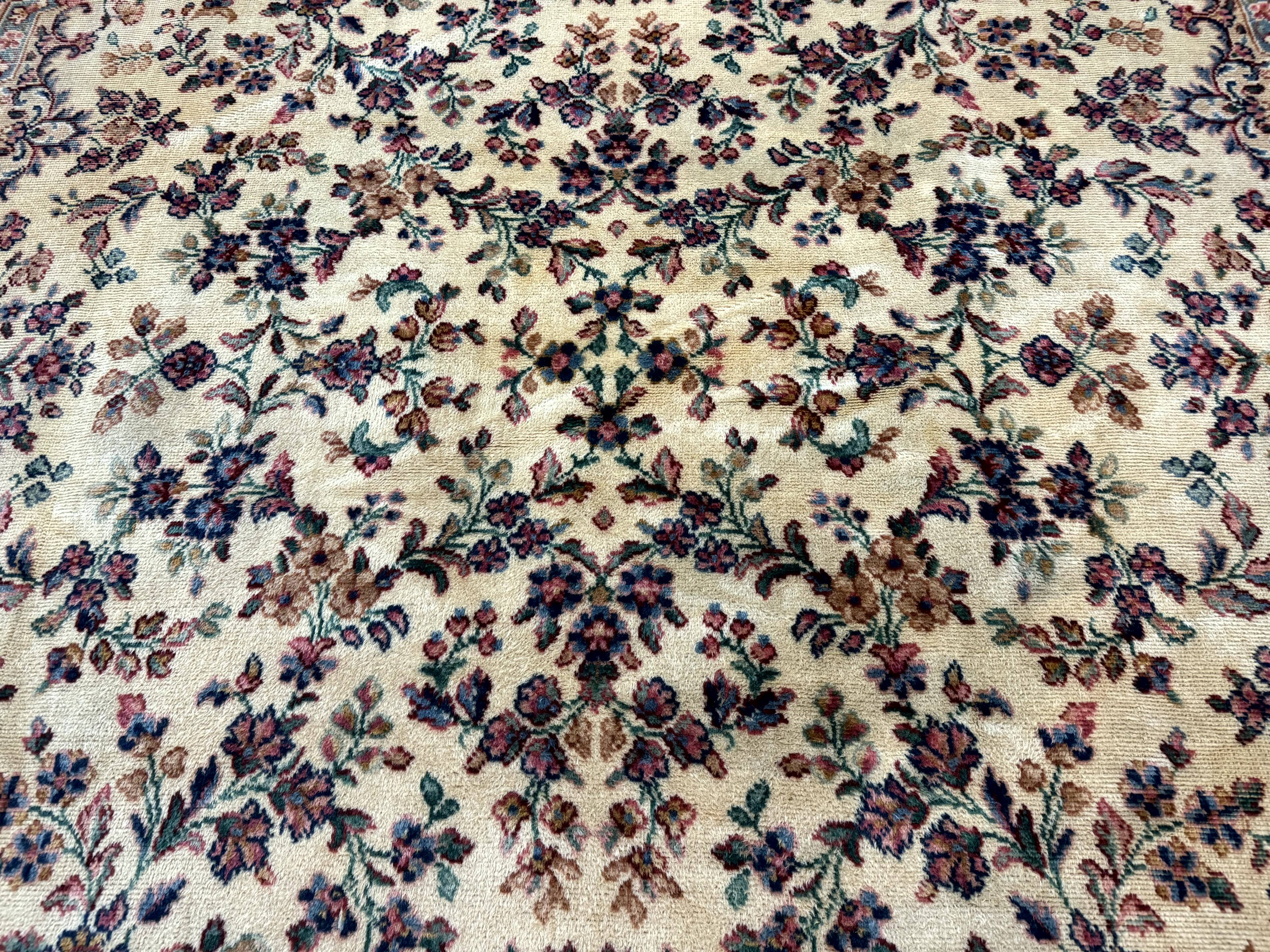 Antique Karastan Rug 8.8 x 12 Lanamar Floral Ivory Kirman Wool Discontinued - Jewel Rugs