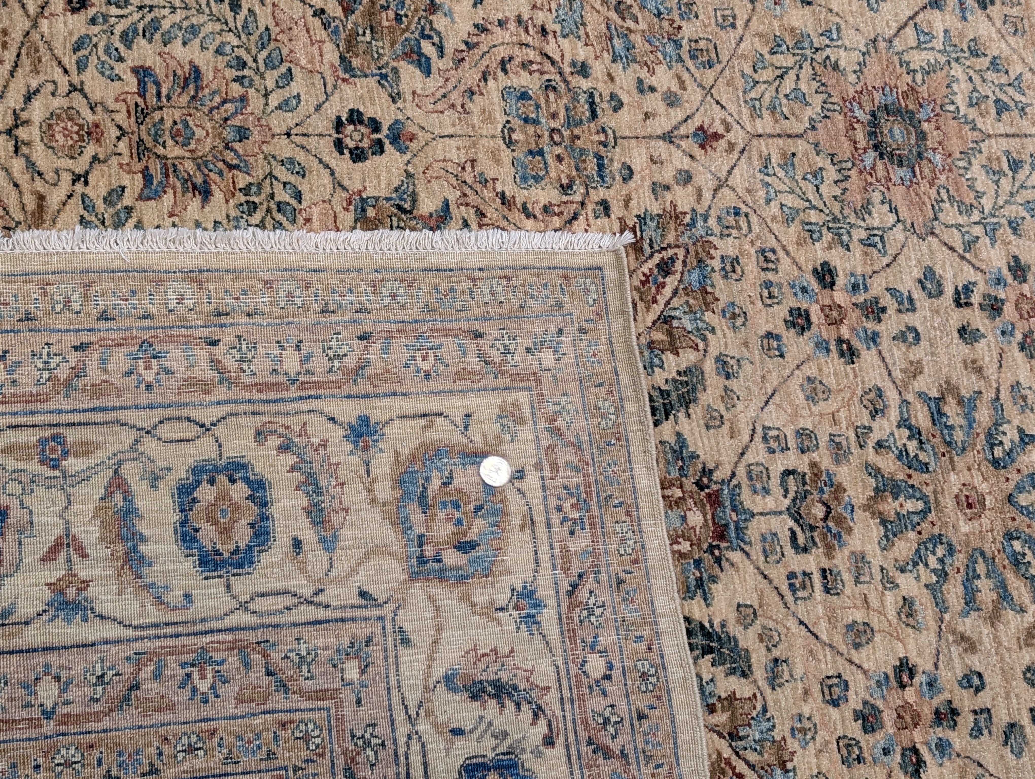 Persian Kashan Rug 6x9 – Oat and Blue Hand Knotted Wool Carpet, Light Colors, 200 KPSI - Jewel Rugs