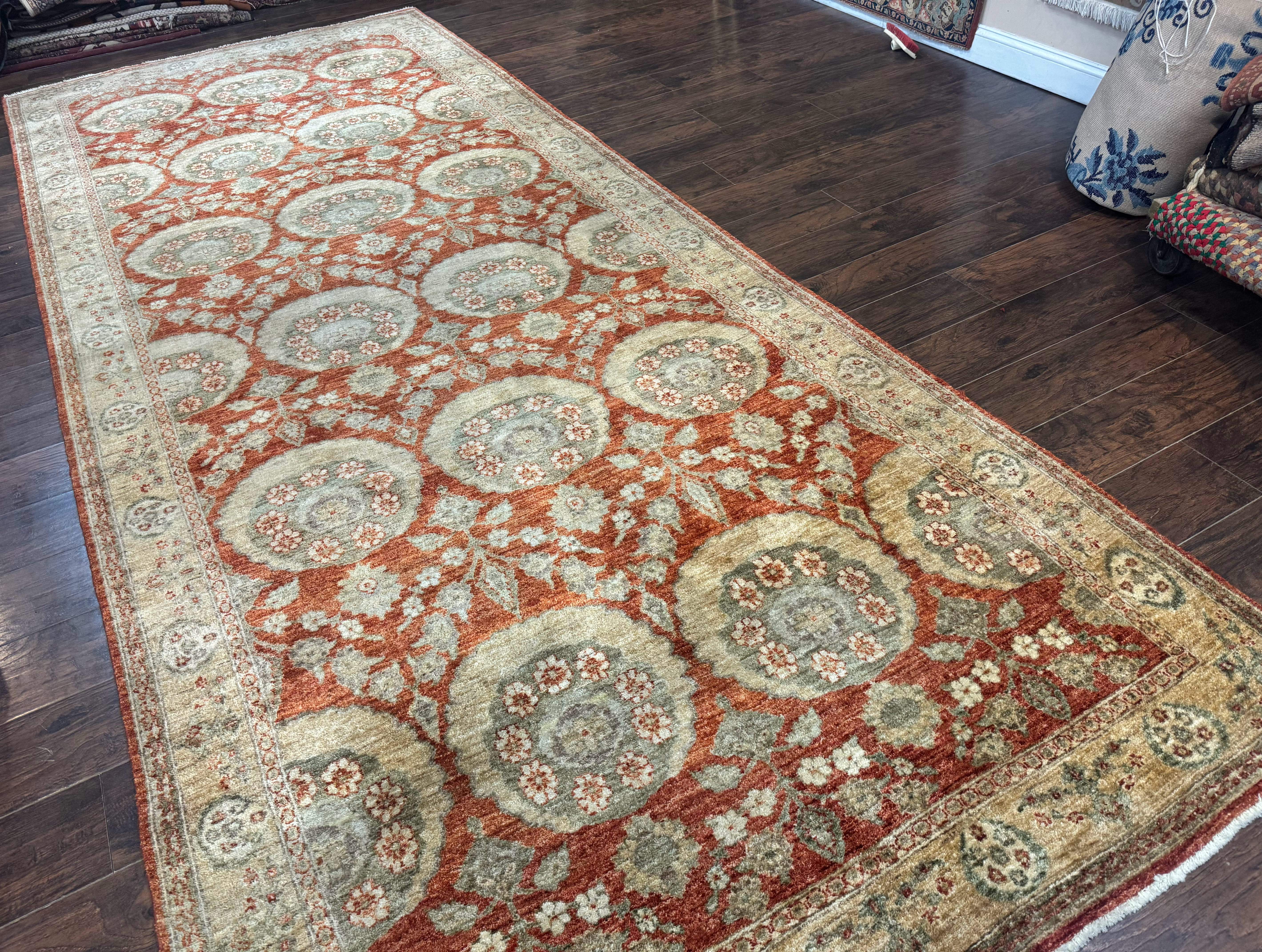 Pakistani Peshawar Wide Runner Rug 6x15 ft, Light Rust Red & Gold, Hand-Knotted Wool Chobi Carpet - Jewel Rugs
