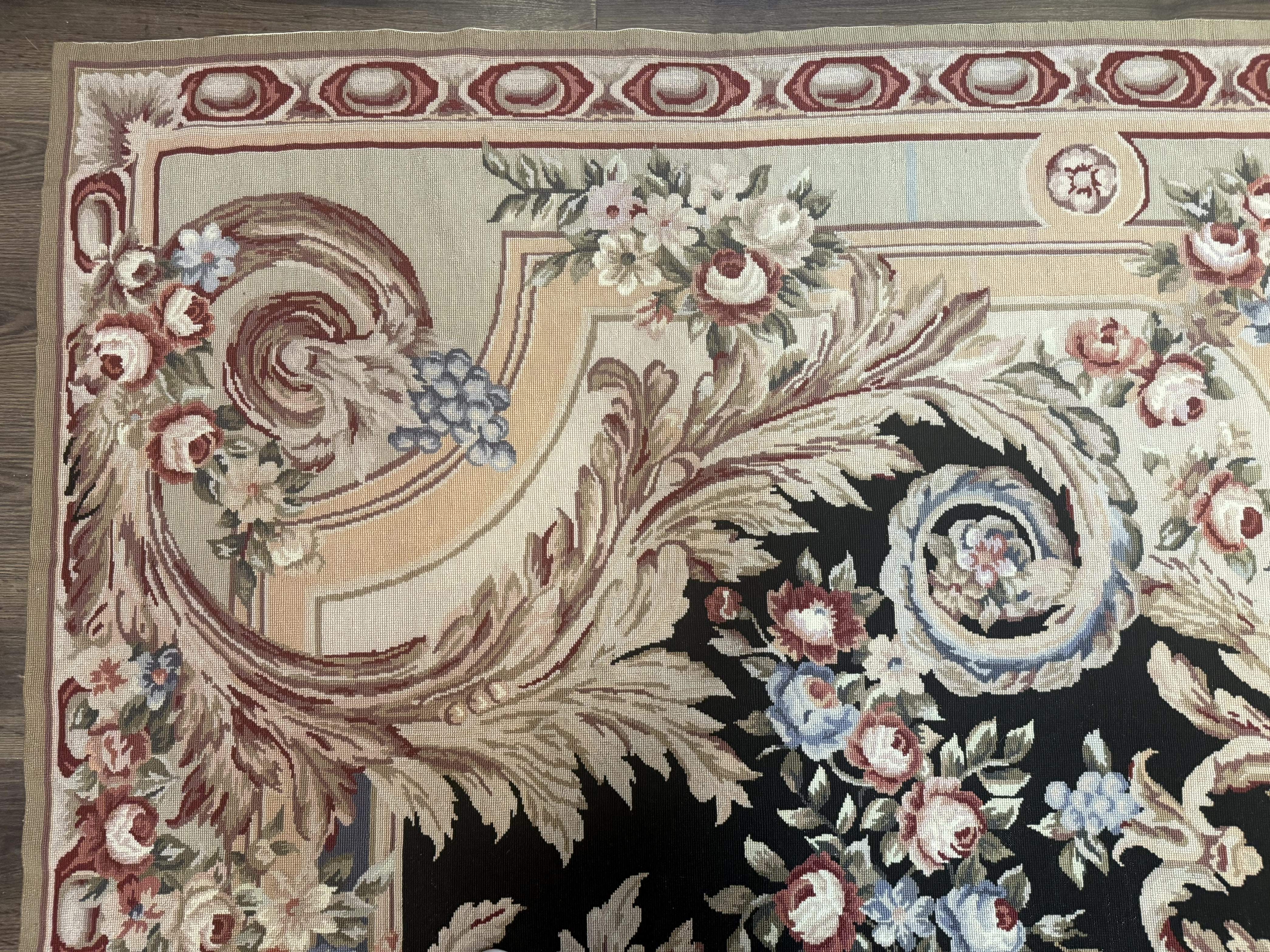 Wonderful Needlepoint Rug 10x14, Large Aubusson Carpet, Floral, Elegant, European Design - Jewel Rugs
