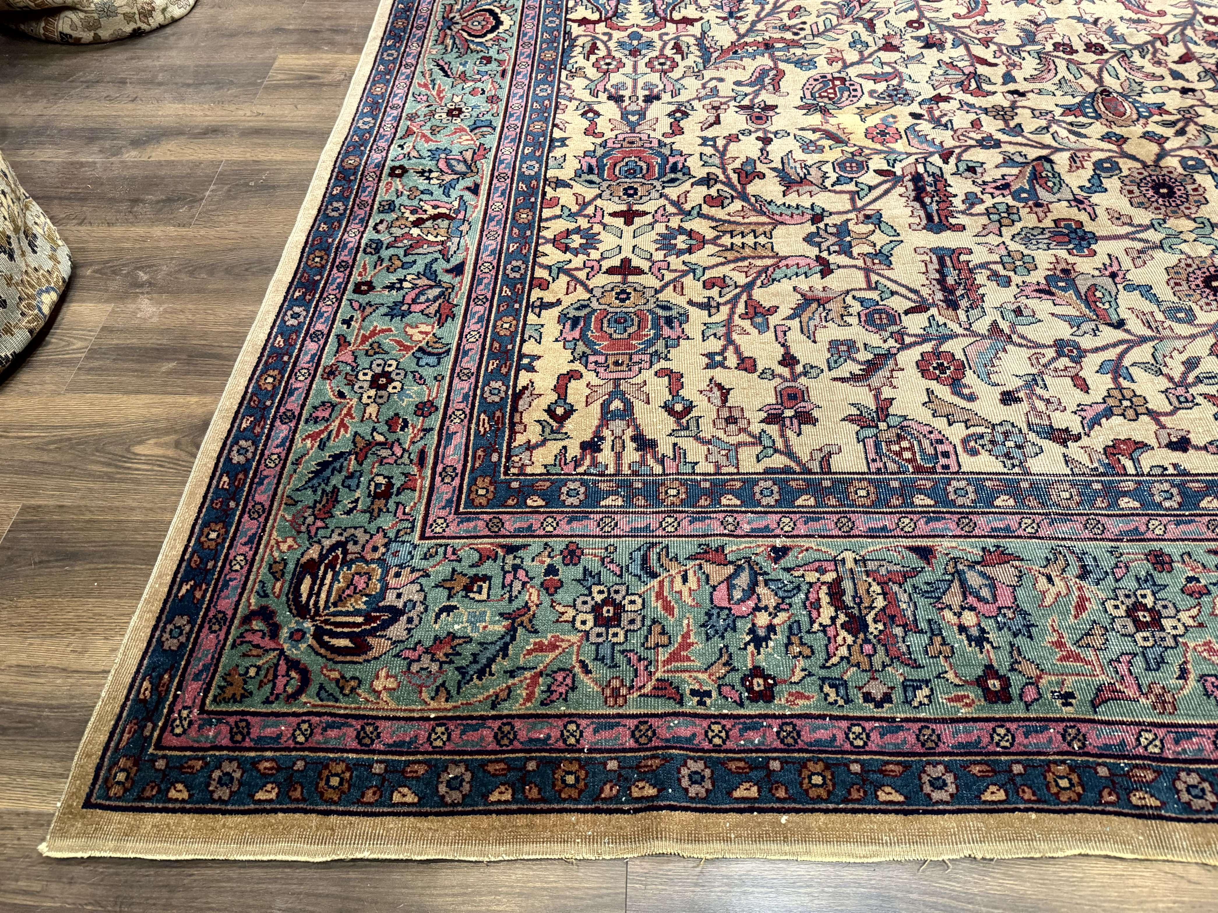 Antique Persian Rug 10x15, Camel and Cyan, Allover Pattern, Rare, Samarkand Rug - Jewel Rugs