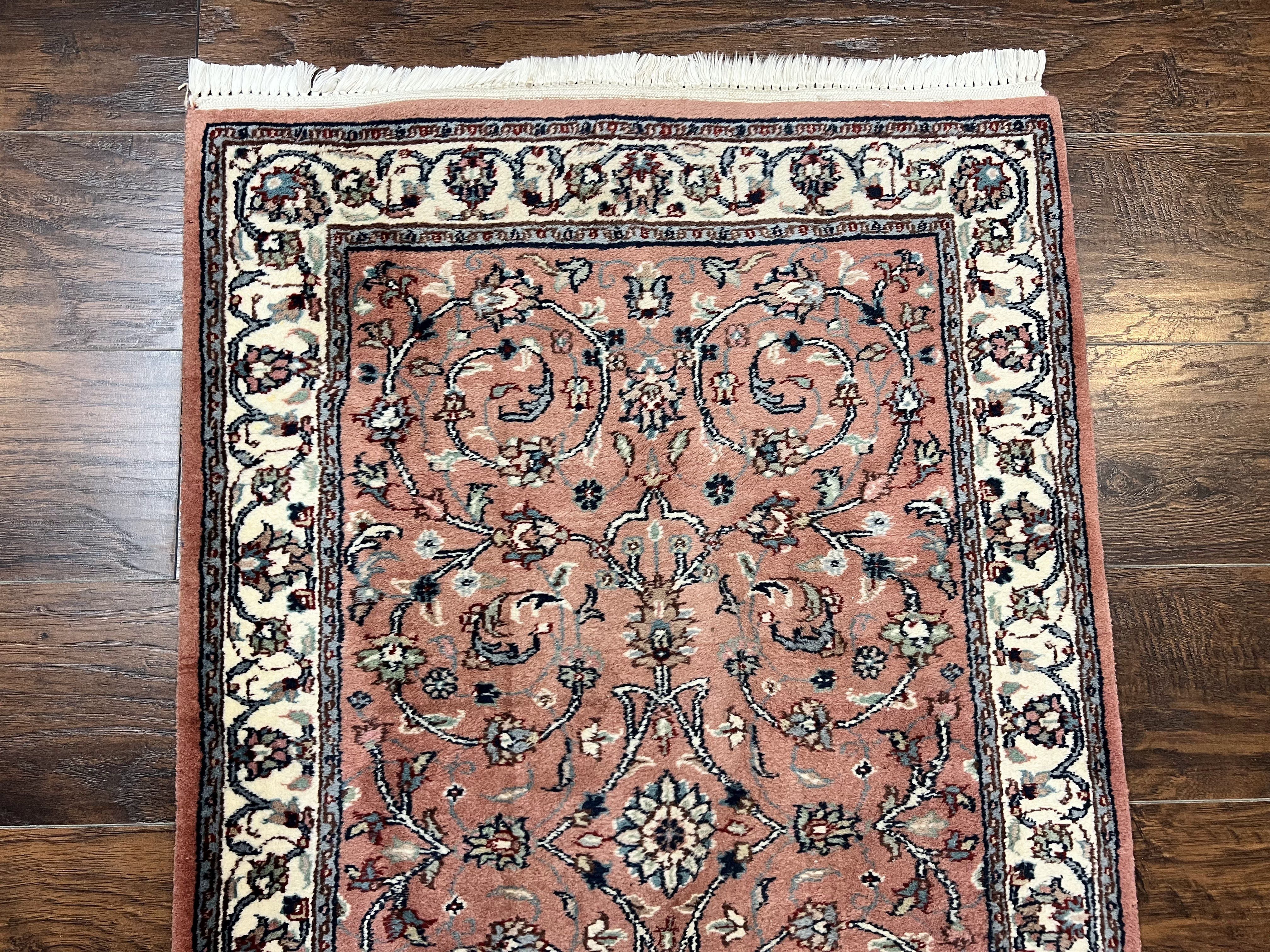 Indo Persian Runner Rug 2.6 x 10, Wool Hand Knotted Vintage Oriental Carpet, Pink & Ivory, Floral Allover, Hallway Rug - Jewel Rugs