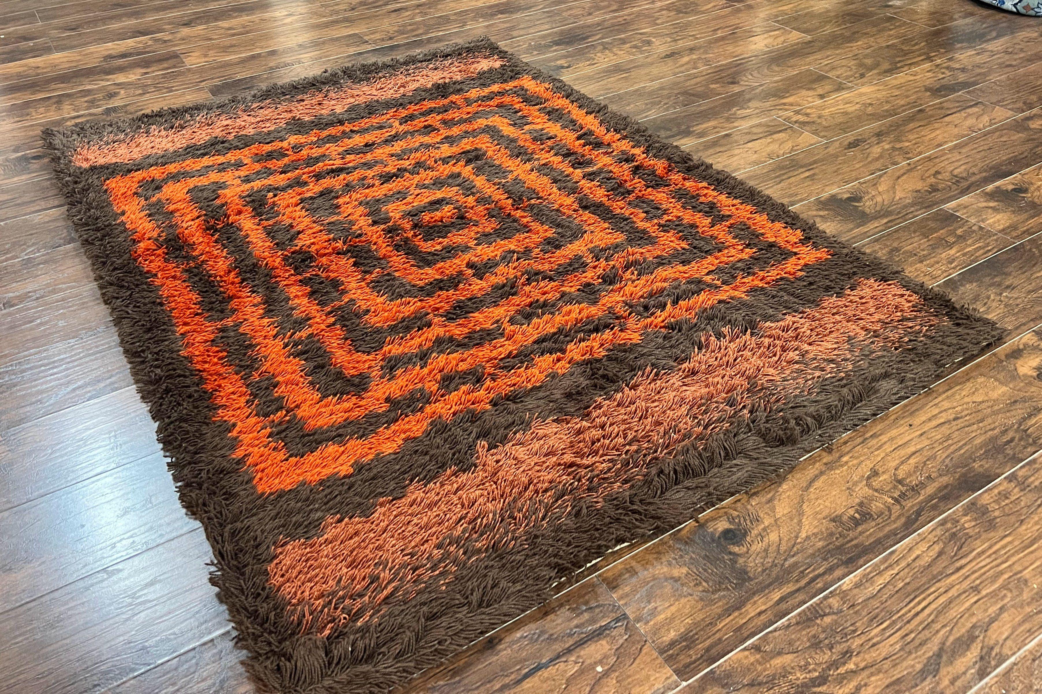 Vintage Rya Shag Rug 4.6 x 6.6, Abstract Design, Brown and Orange, Mid Century Danish Rya Carpet - Jewel Rugs