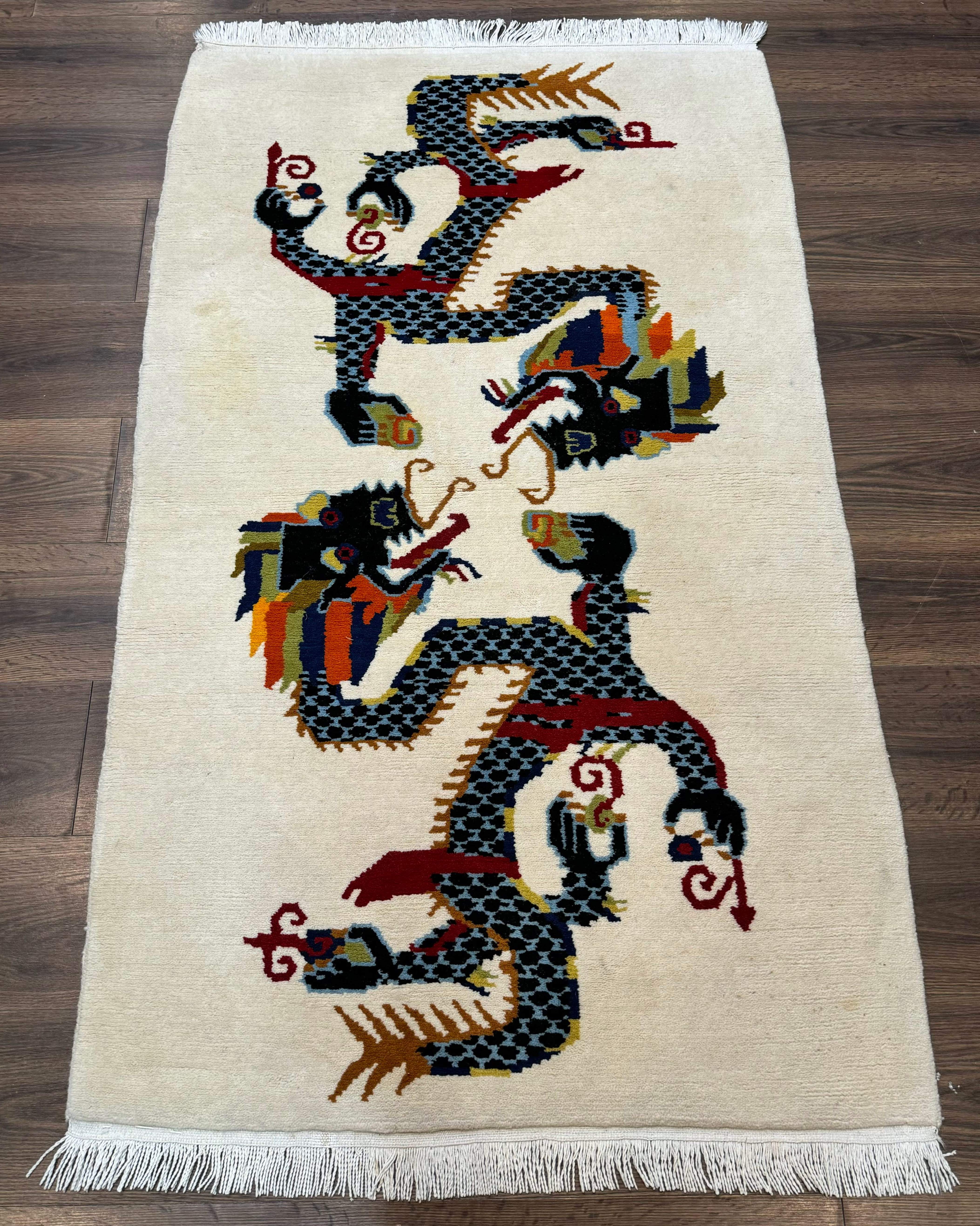 Chinese Double Dragon Rug 3x5 – Ivory, Hand-Knotted Wool Vintage - Jewel Rugs