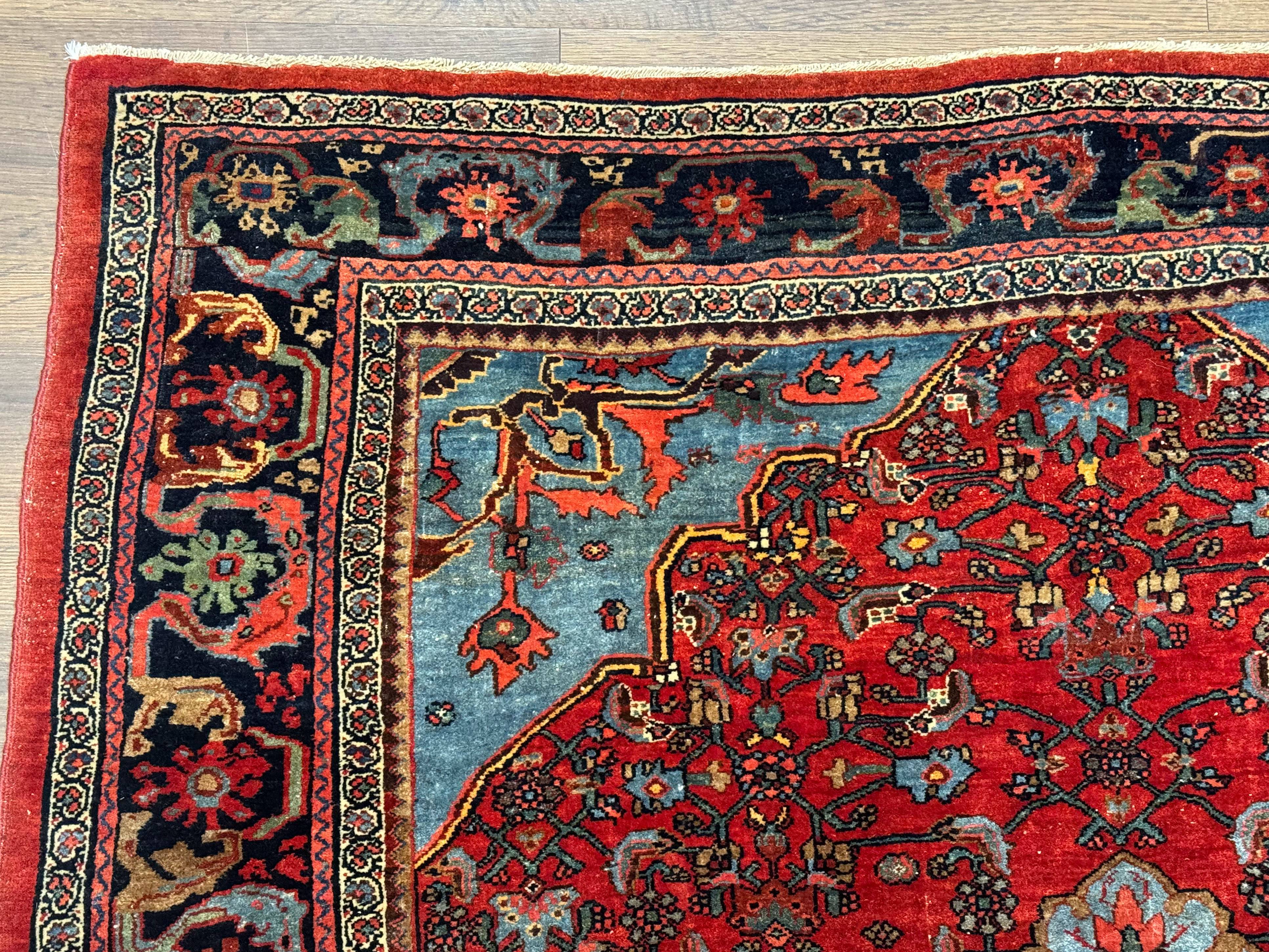 Antique Persian Bijar Rug 5x8, Red and Navy Blue, Medallion and Corner Design - Jewel Rugs