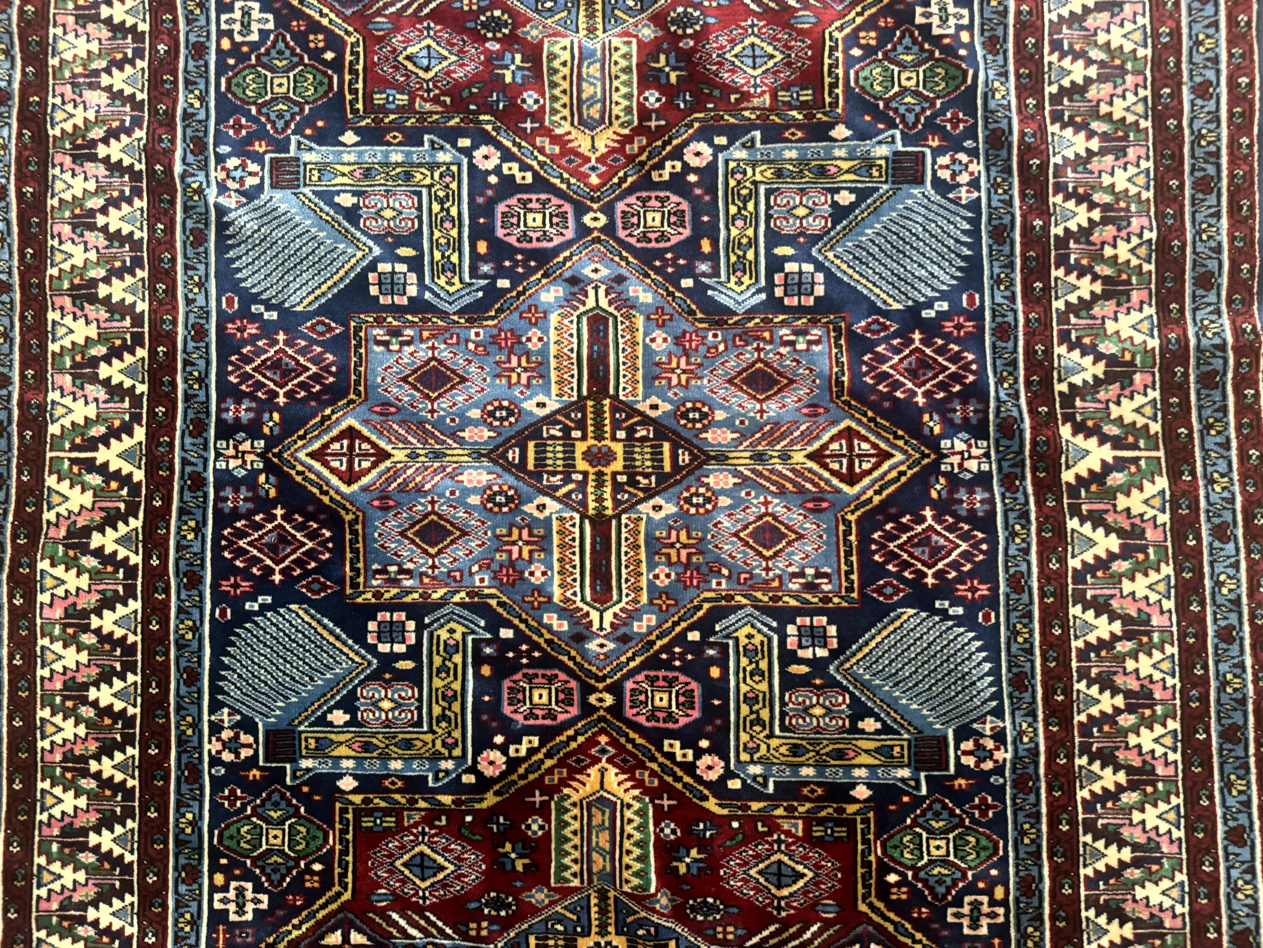 Indian Rug with Caucasian Design, 4x6 Geometric Carpet, Navy Blue and Cream - Jewel Rugs