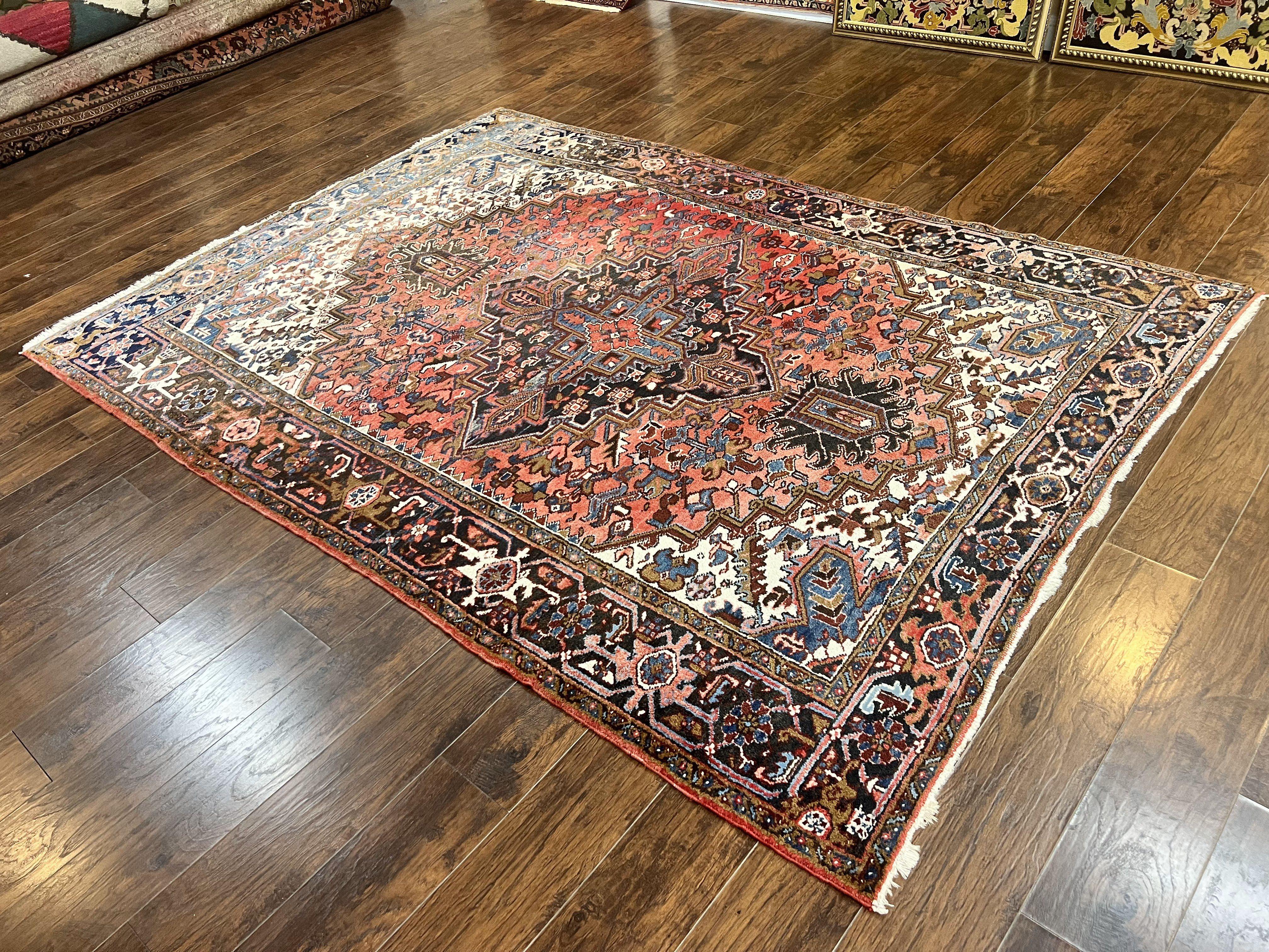 Persian Heriz Rug 7x10, Wool Hand Knotted Vintage Geometric Carpet, Red and Ivory, 7 x 10 Oriental Rug - Jewel Rugs