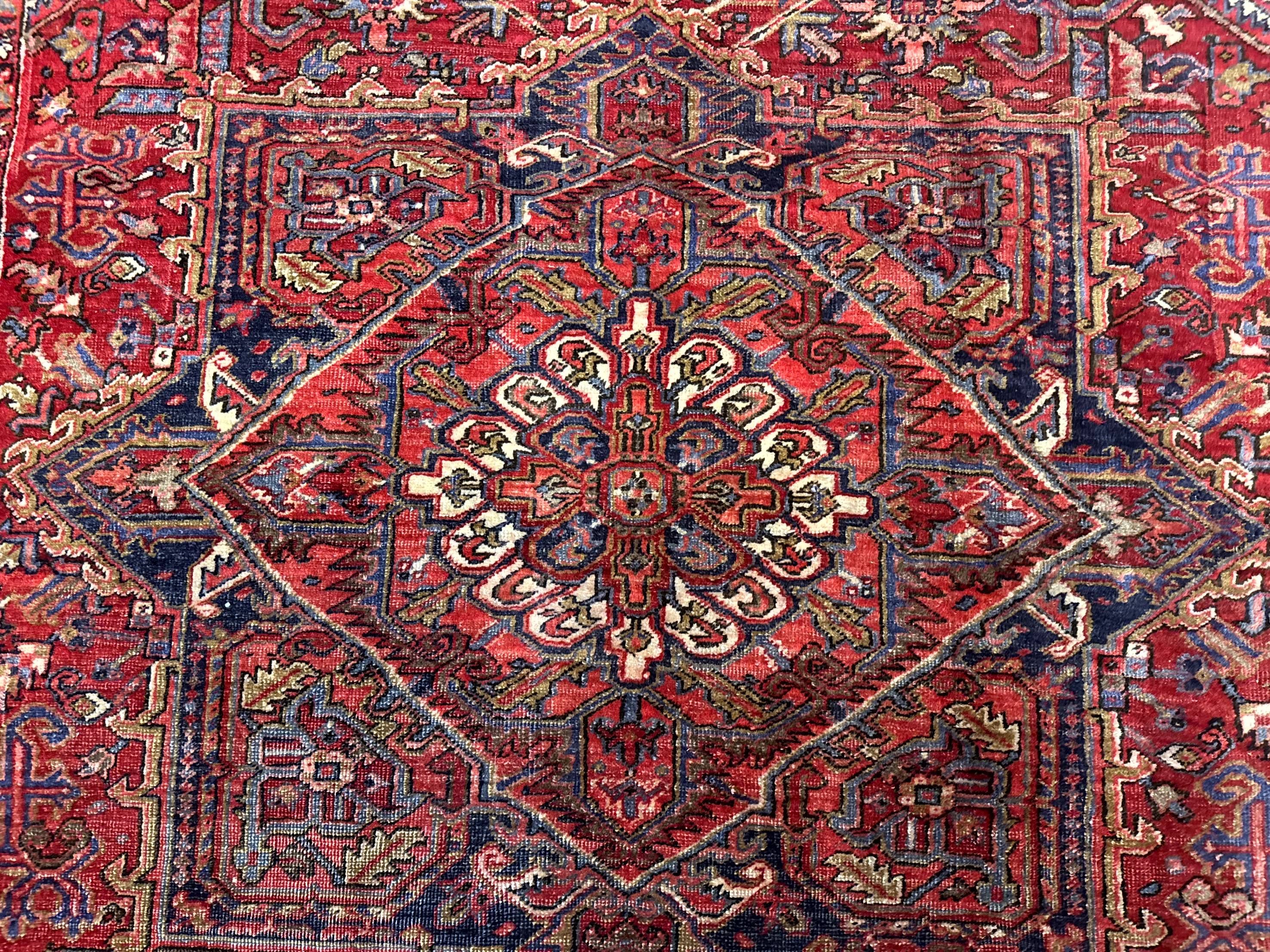 Persian Heriz Rug 7x10, Geometric Pattern, Red Ivory Navy Blue - Jewel Rugs