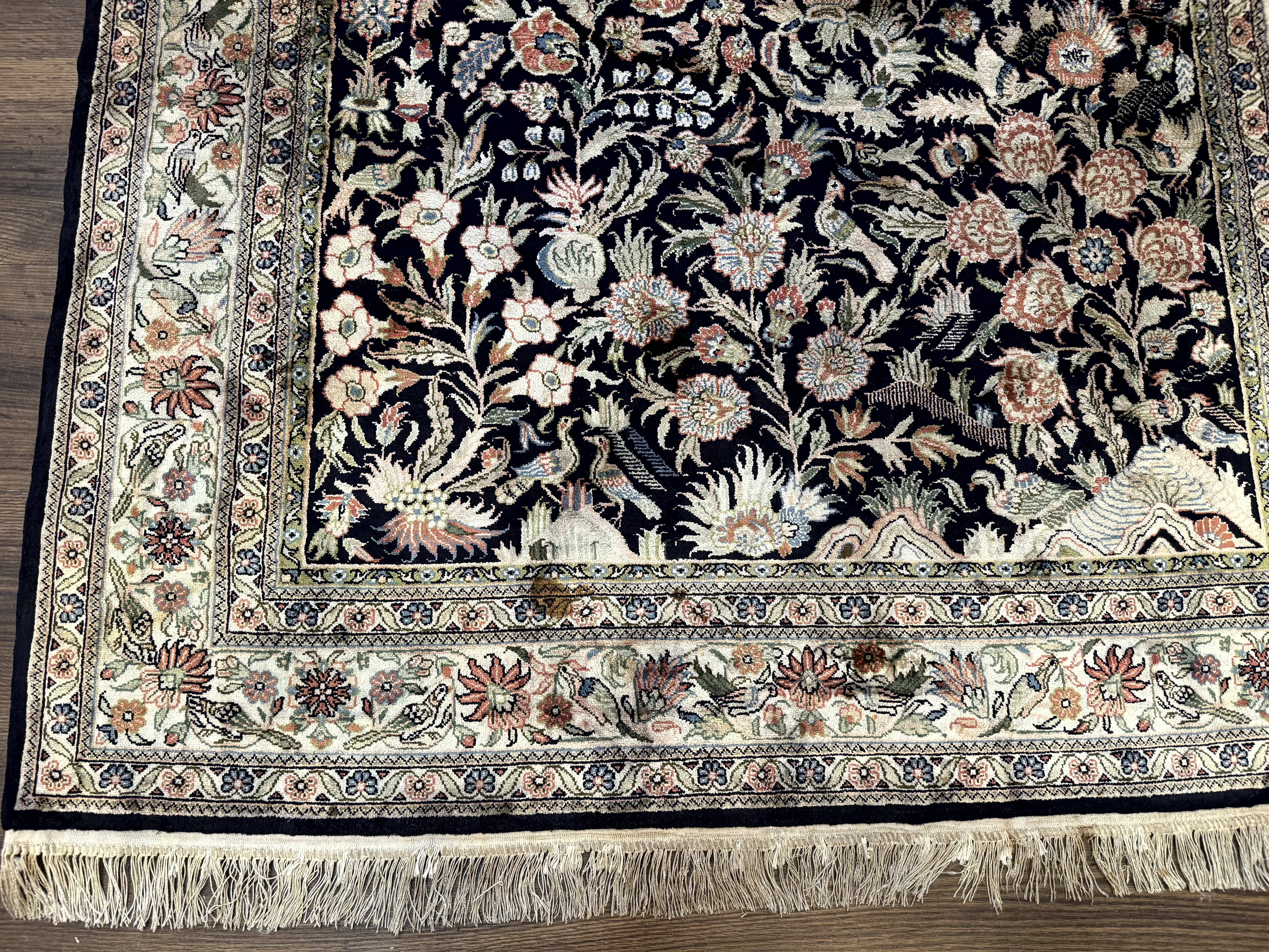 Silk Rug 4x6, Black and Cream, Floral & Bird Pictorials, Fine 330 KPSI, Sino Persian Rug - Jewel Rugs