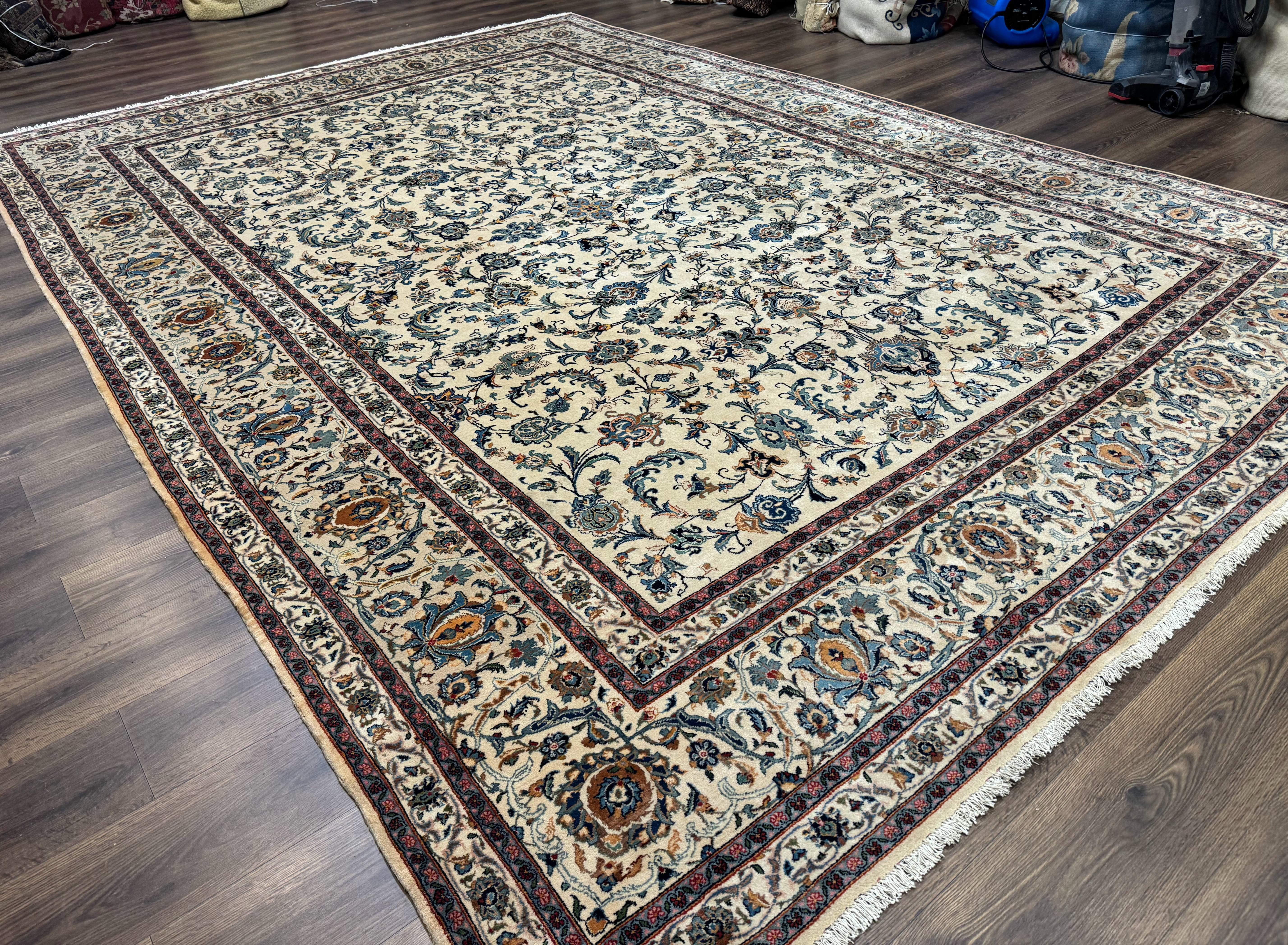 Persian Kashan Rug 10x14, Bone - Beige and Blue, Allover Pattern, Traditional Persian Carpet, Fine 260 KPSI - Jewel Rugs