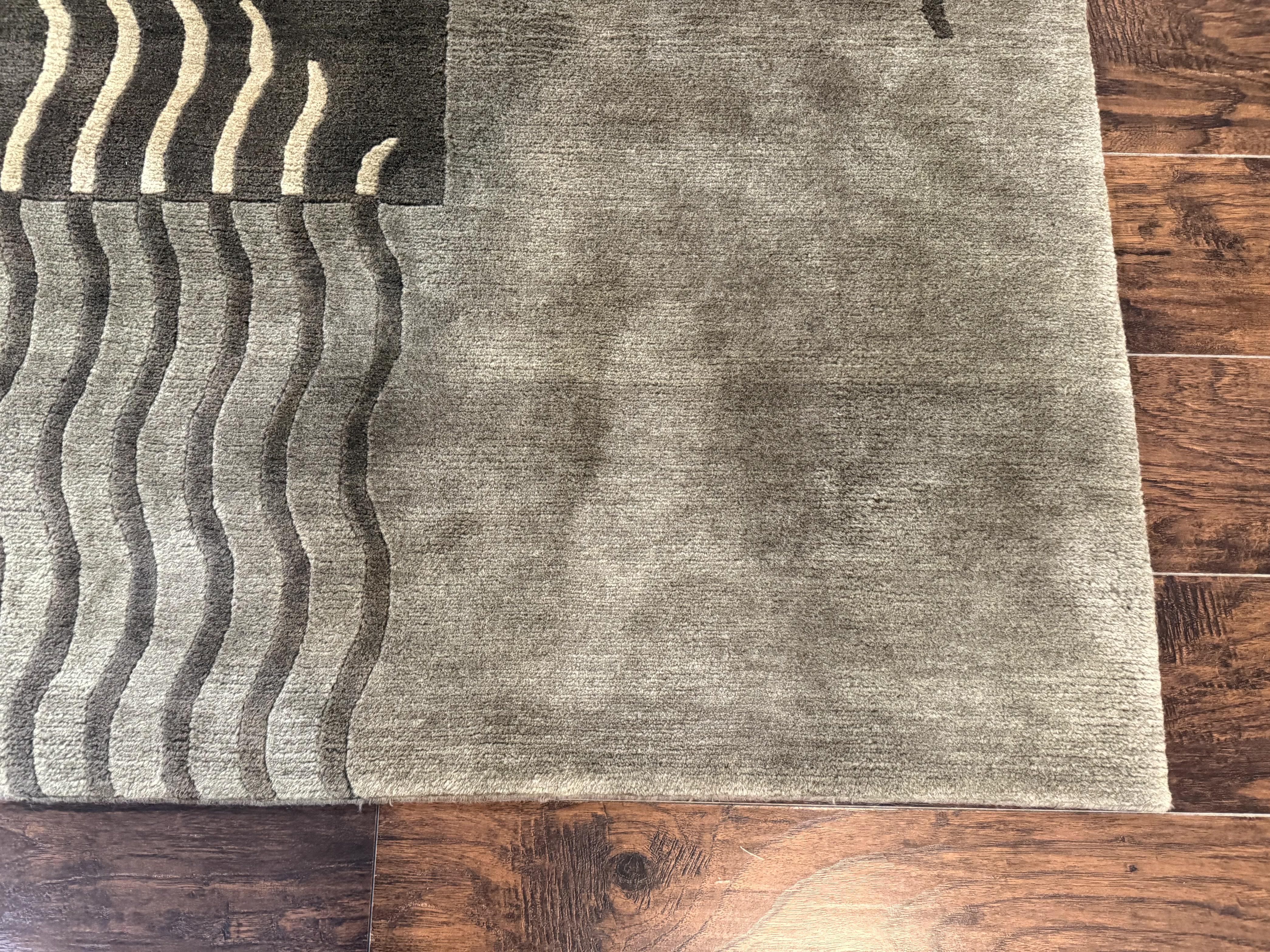 Modern Tibetan Wool Rug 3.6 x 5.6, Shades of Green, Abstract Design - Jewel Rugs