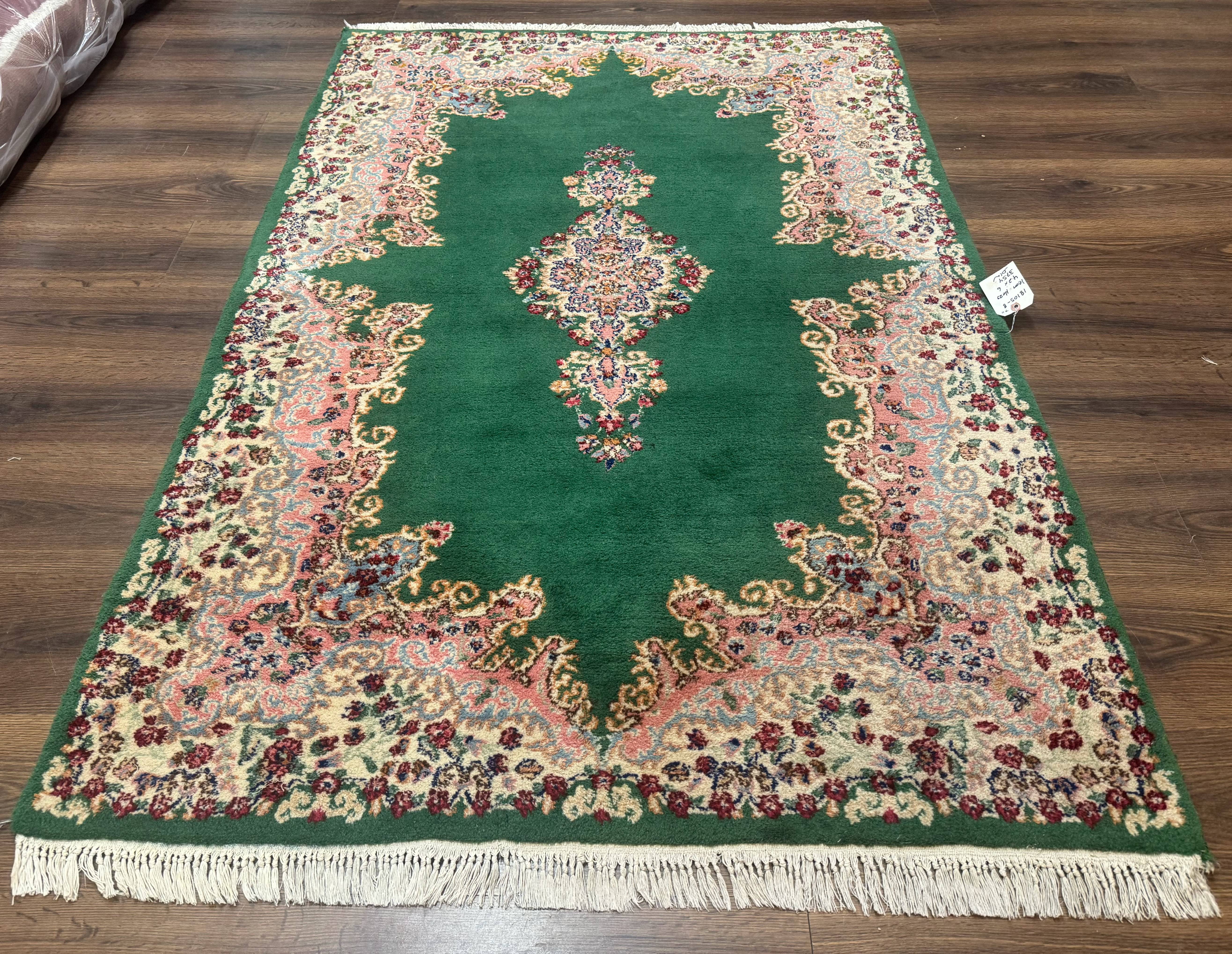 Green Persian Kerman Rug 4x6, Semi Open Field, Green & Cream, Vintage - Jewel Rugs