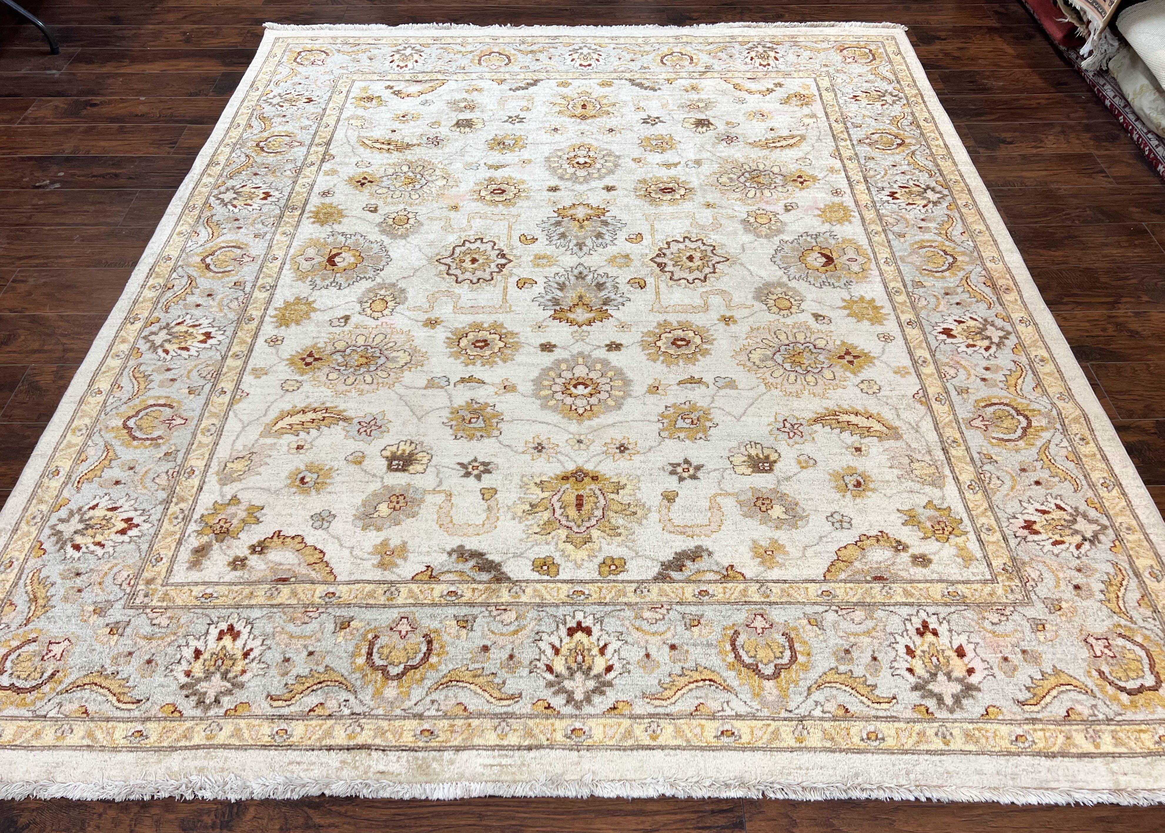 Peshawar Rug 8x10, Oushak Rug 8 x 10 ft, Floral Allover Neutral Colors Handmade Hand Knotted Rug, Farmhouse Rug, Room Sized Vintage Wool Rug - Jewel Rugs