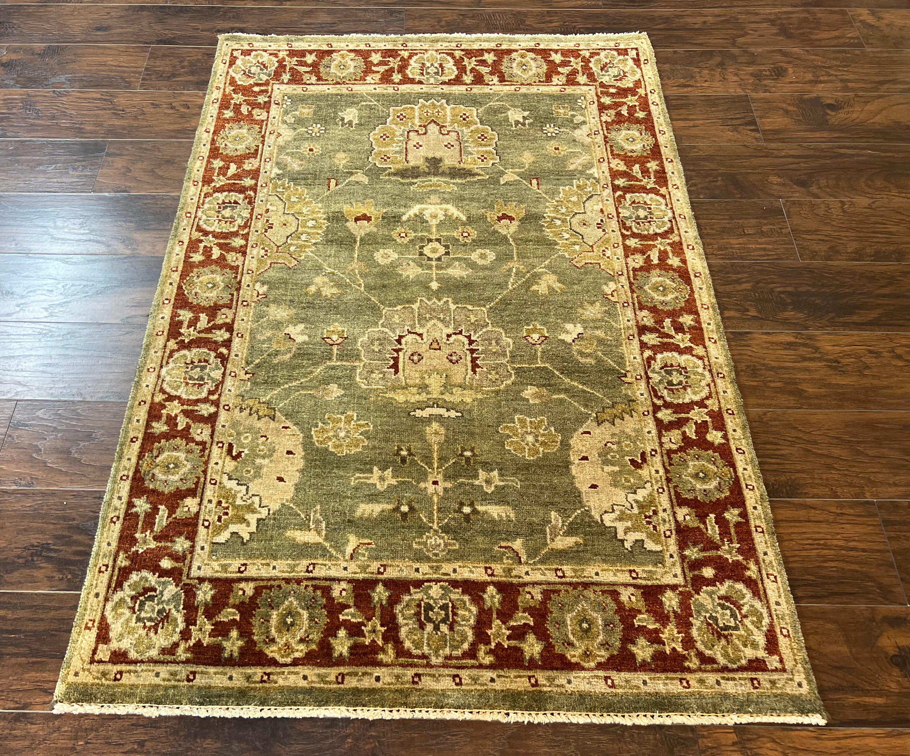 Indo Oushak Rug 4x6, Green and Maroon, Vintage Wool Floral Rug, Indian Agra Rug - Jewel Rugs