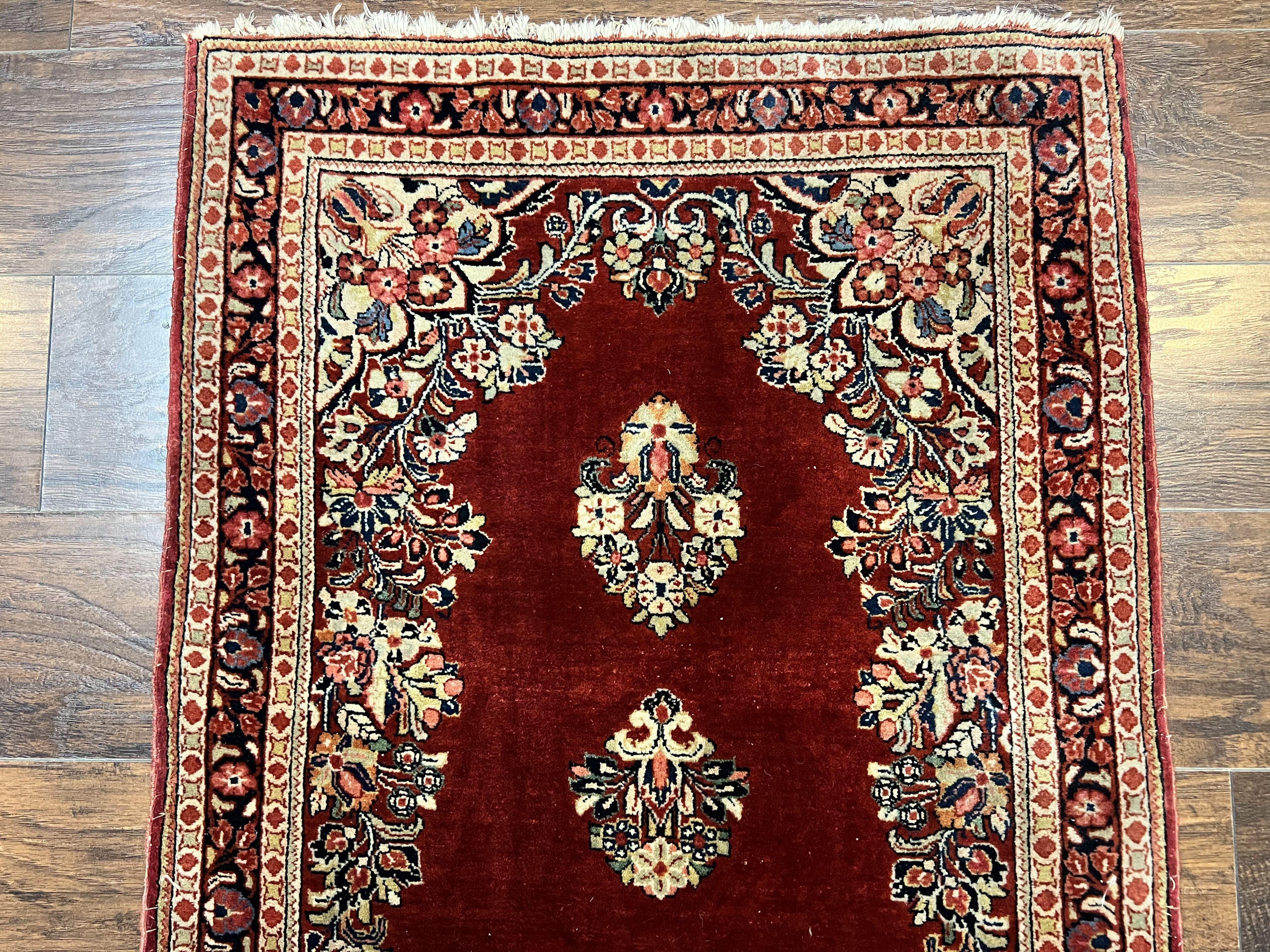Persian Sarouk Runner Rug 2.7 x 6, Semi Open Field, Red, Handmade Hand Knotted, Wool Oriental Carpet, Vintage Semi Antique - Jewel Rugs
