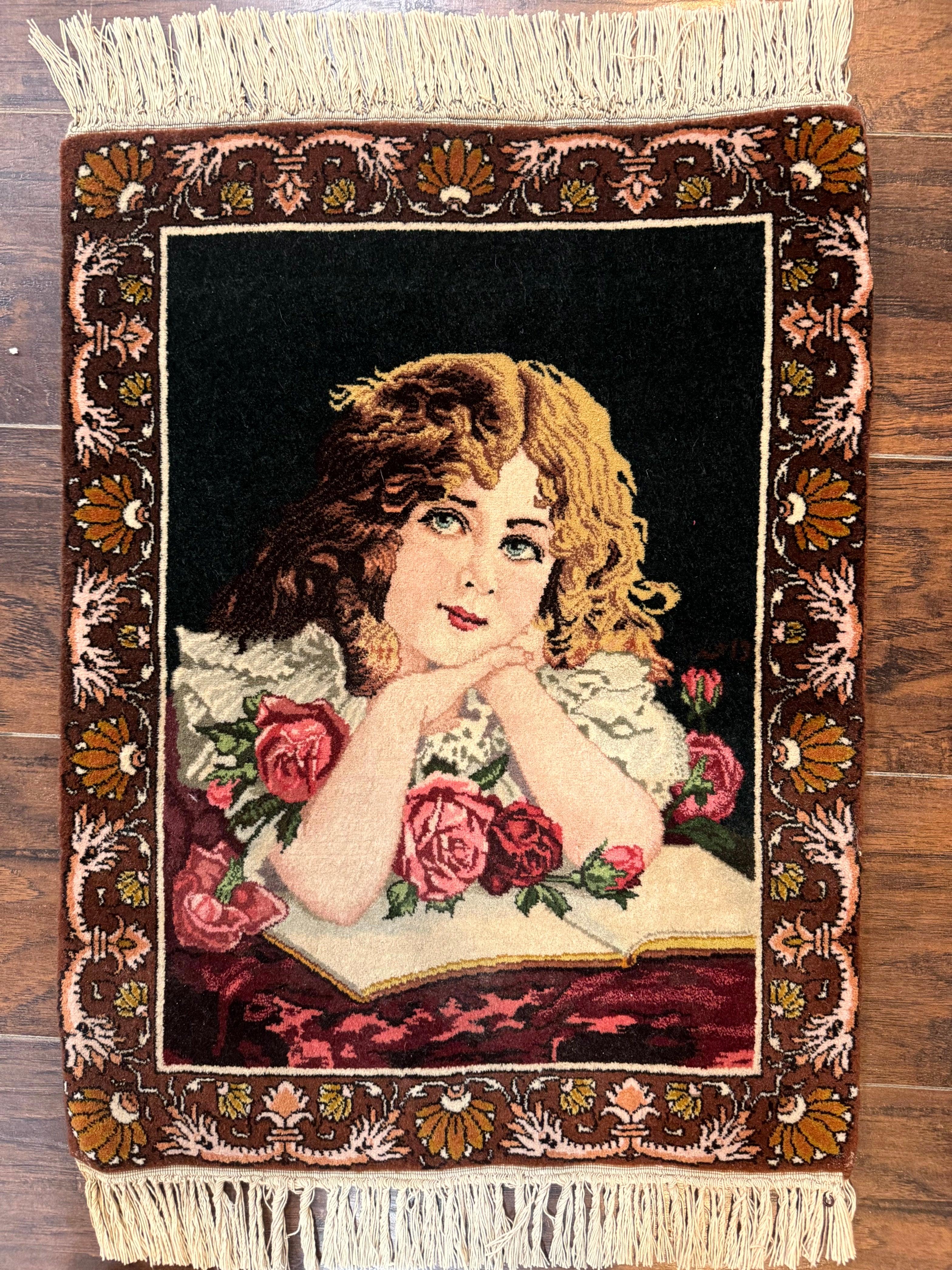 Small Persian Tabriz Pictorial Rug of Young Girl, Very Fine 380 KPSI, Portrait of Young Lady with Roses, Handmade, Persian Rug for Wall Hanging - Jewel Rugs
