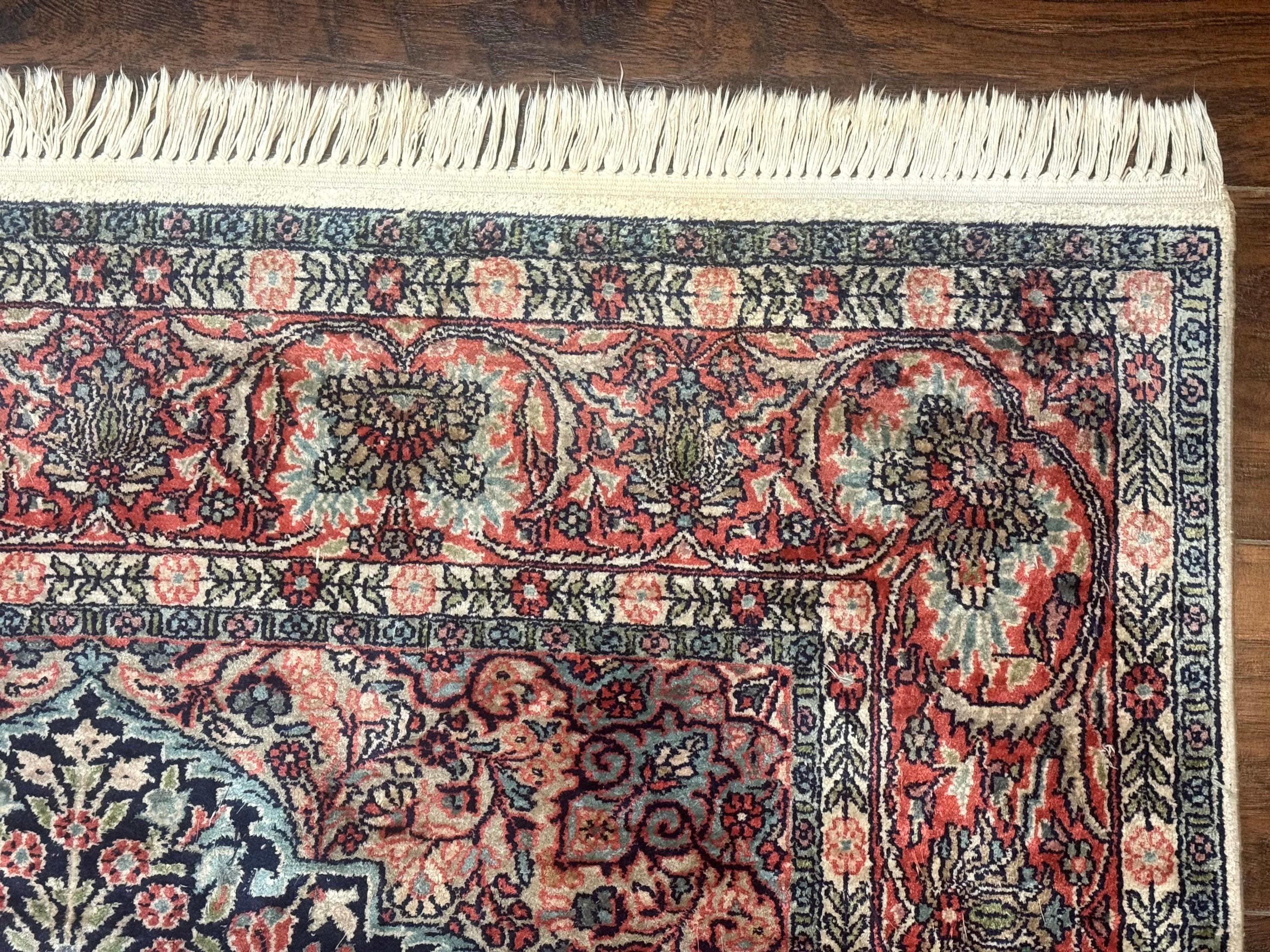 Silk Indian Kashmiri Rug 4x6, Tree of Life Pattern, Birds, Fine 290 KPSI, Navy Blue and Red, Handmade Oriental Carpet - Jewel Rugs