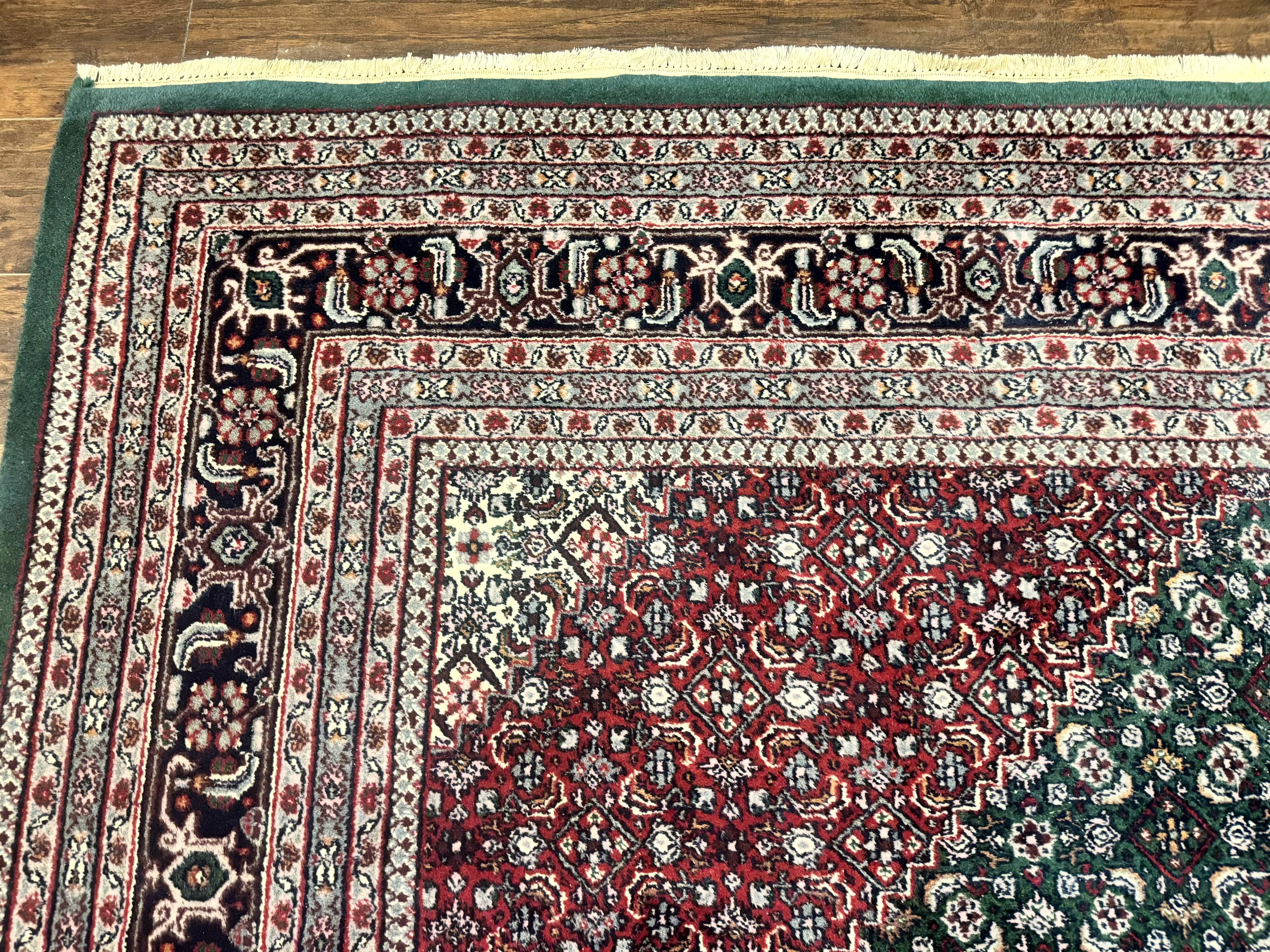 Indo Persian Bidjar Rug 8x11, Green and Red, Herati Pattern, Vintage Handmade Wool Oriental Carpet - Jewel Rugs