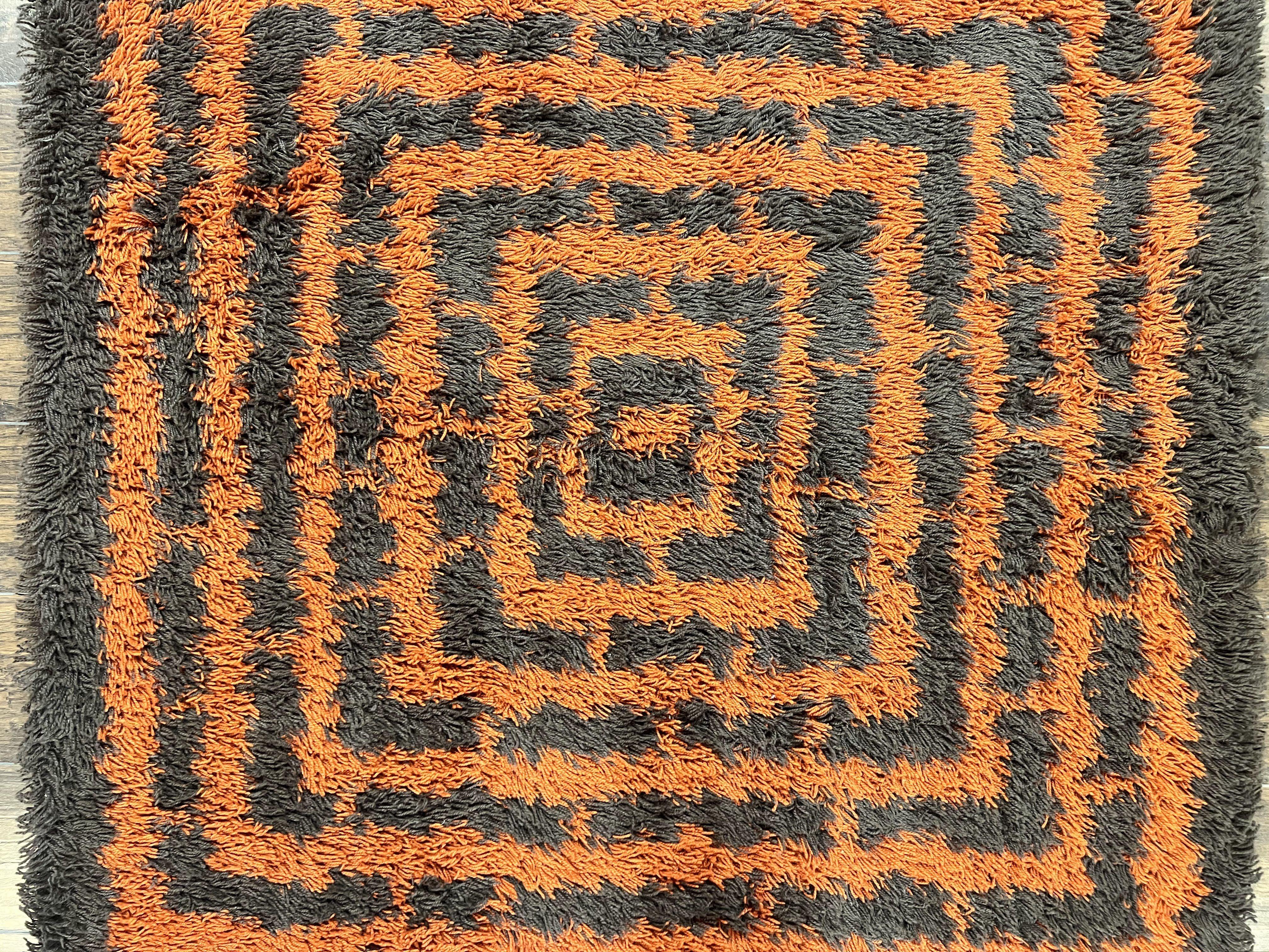 Vintage Rya Shag Rug 4.6 x 6.6, Abstract Design, Brown and Orange, Mid Century Danish Rya Carpet - Jewel Rugs