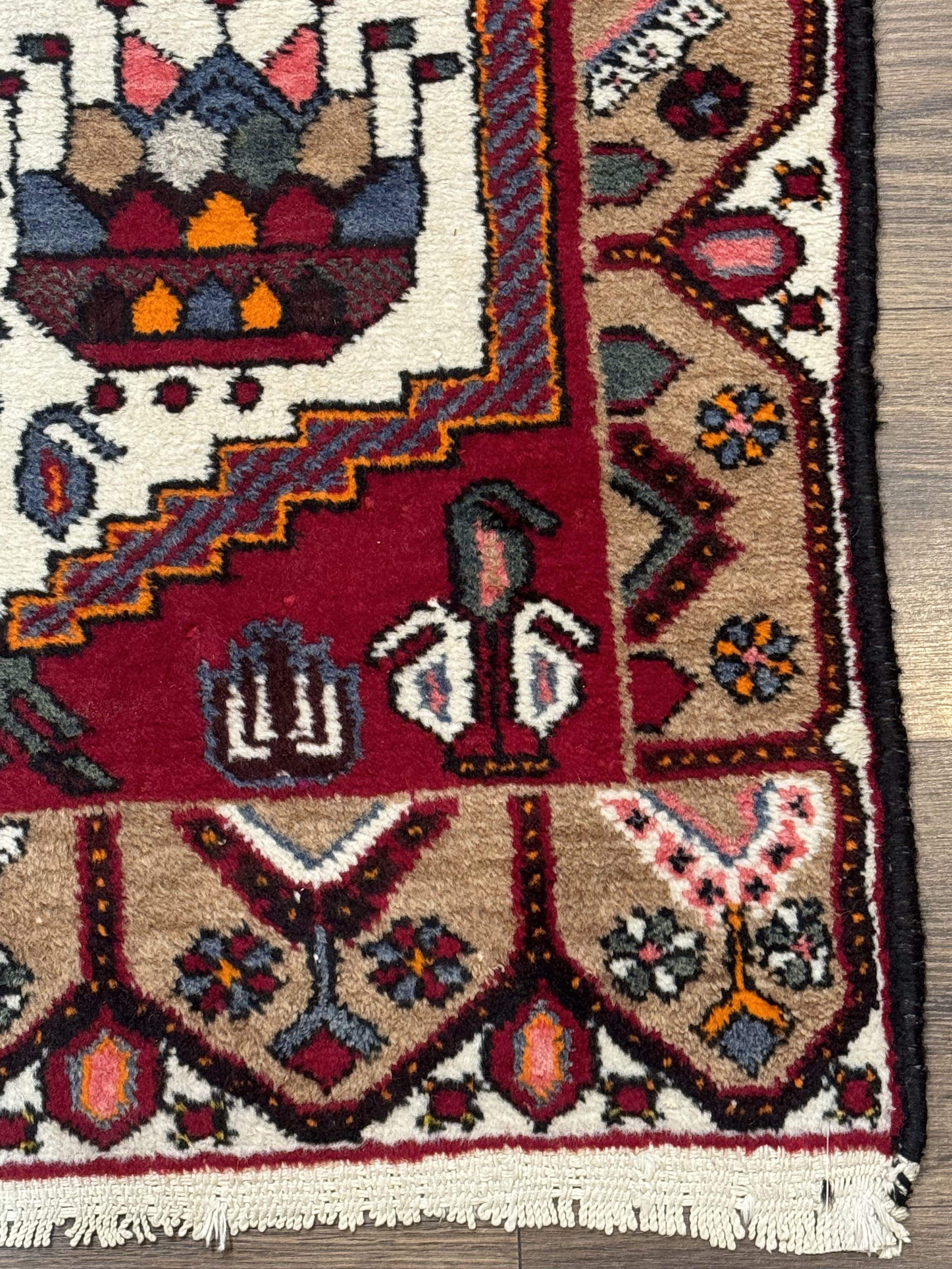 Small Persian Rug 3x4 – Ivory and Red Hand-Knotted Wool Vintage Malayer Hamadan Rug - Jewel Rugs
