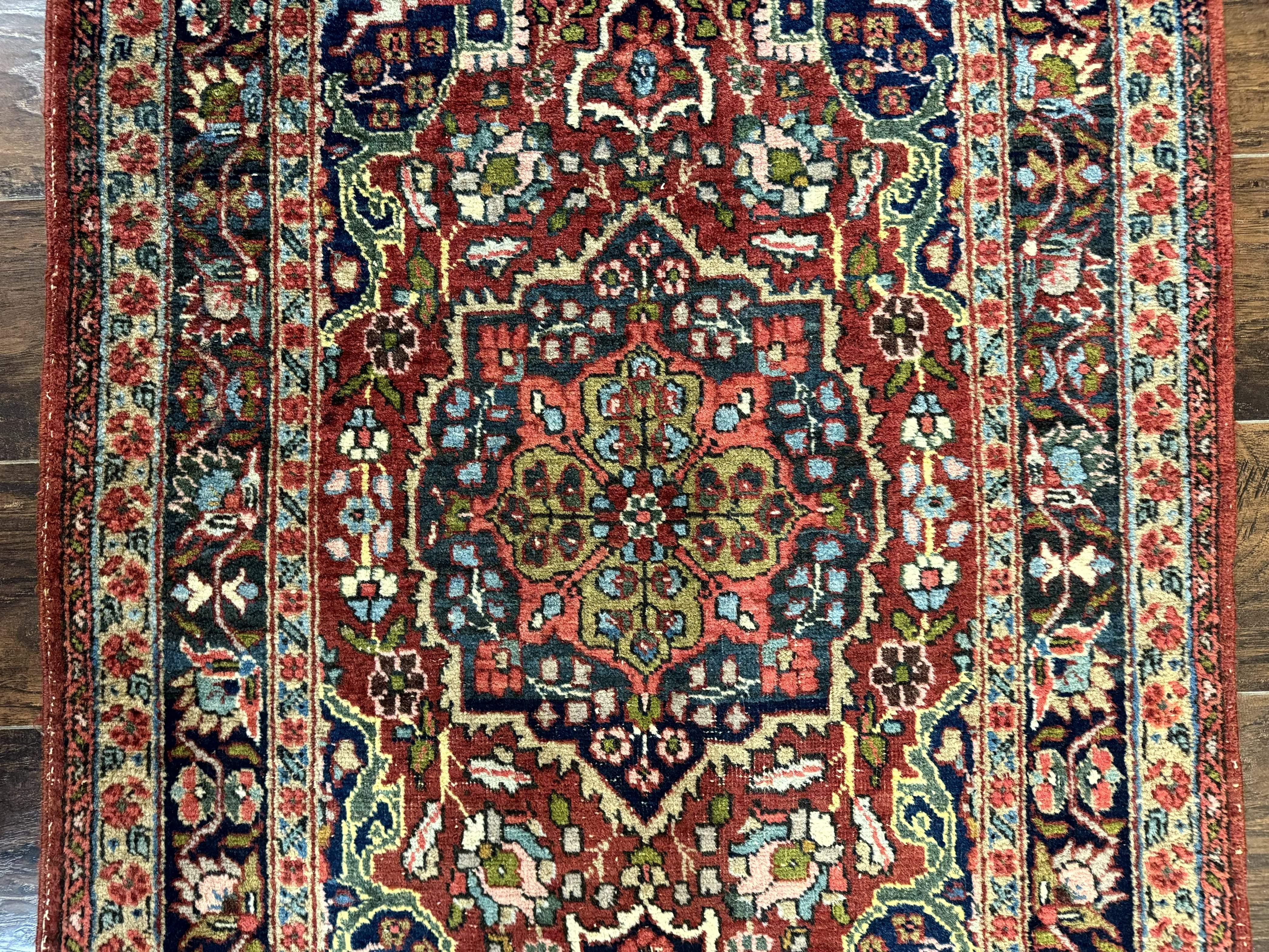 Antique Persian Tabriz Rug 3x5, Brick Red Navy Blue, Floral Medallion, Small Persian Carpet - Jewel Rugs