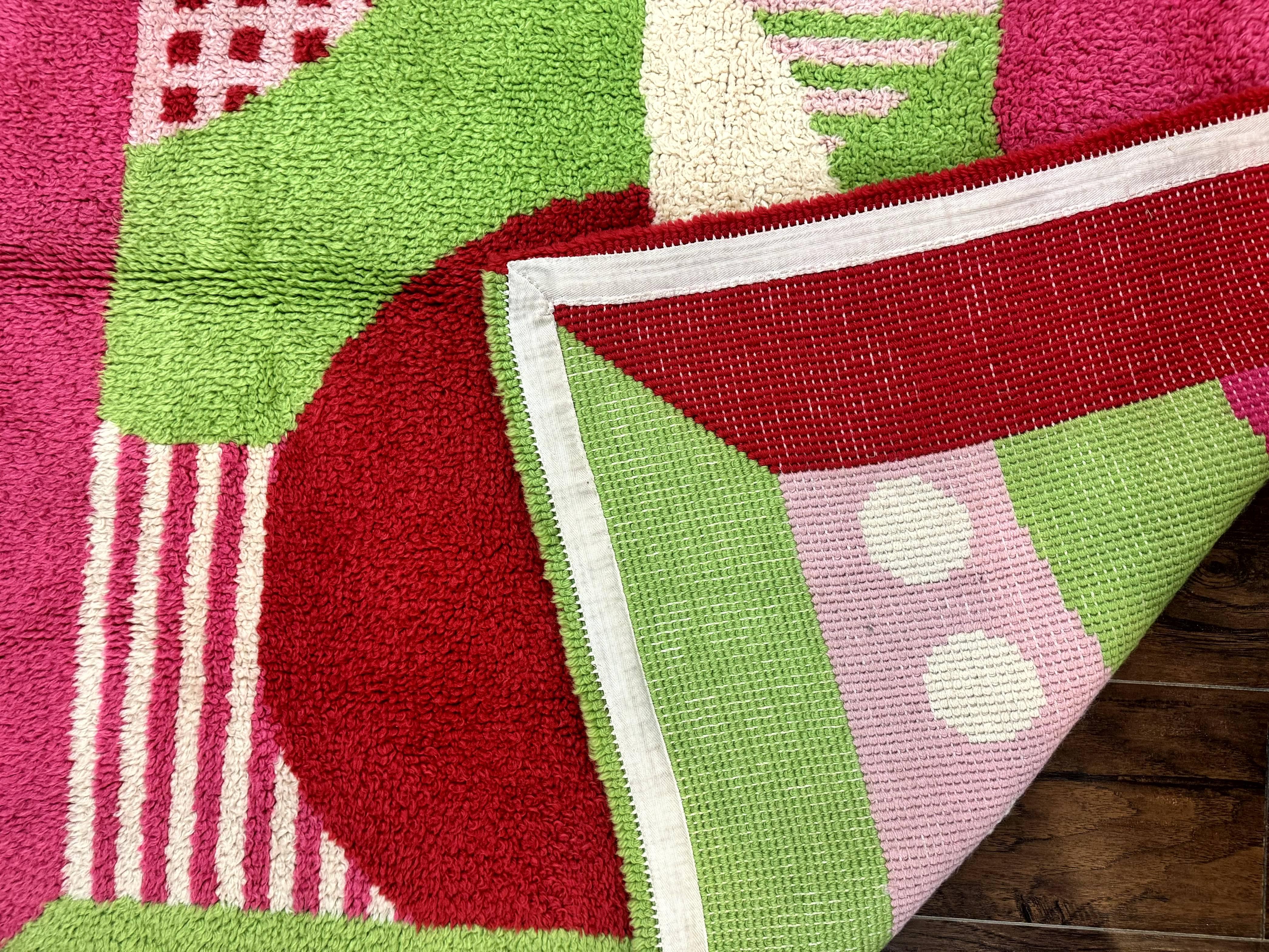 European Shag Rug 4.8 x 4.8, Modern Abstract Design, Green Pink Red, Square Shag Rug, Unique - Jewel Rugs