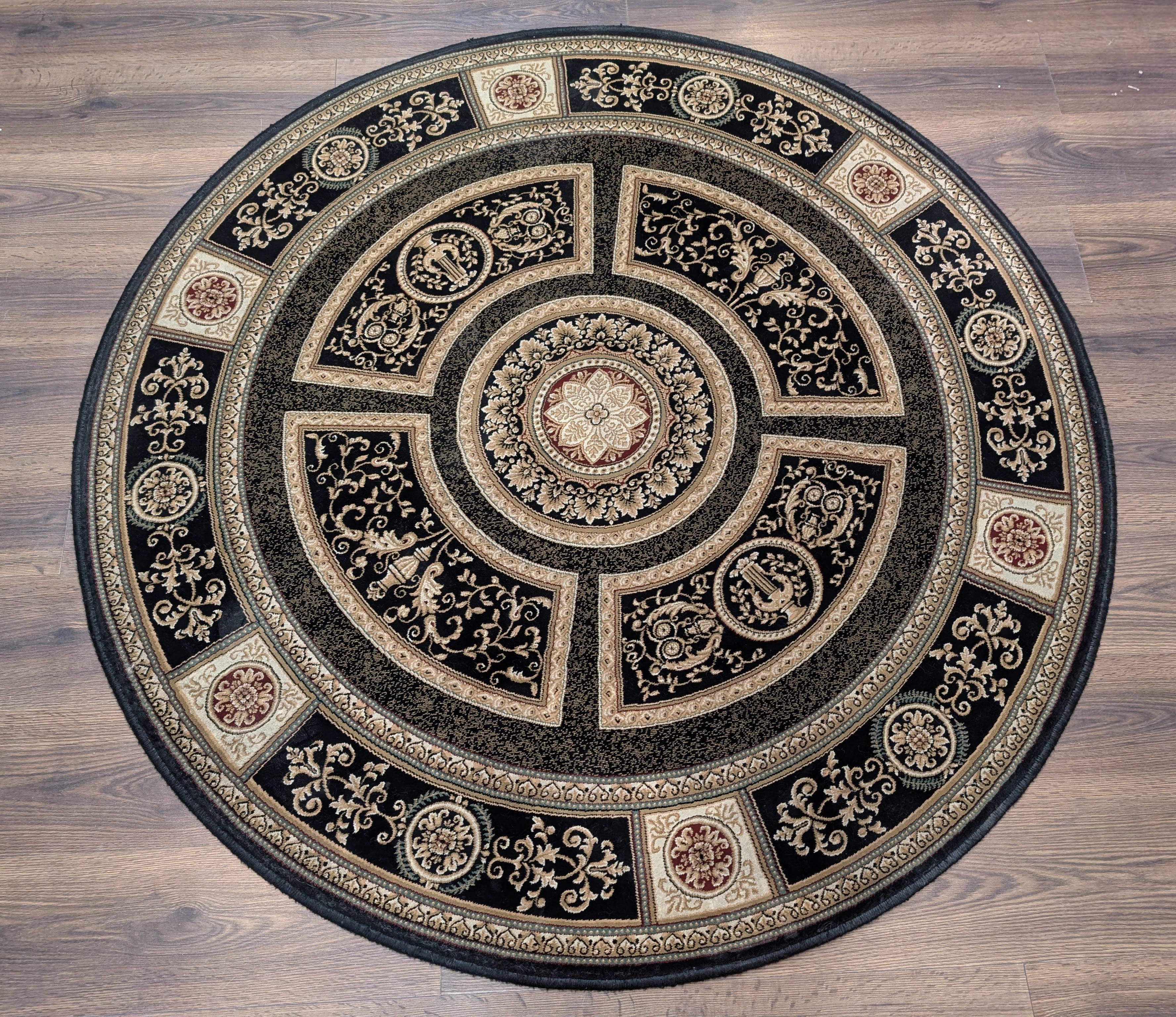 Round Aubusson Rug 5x5 ft, Black, Savonnerie, French Design - Jewel Rugs