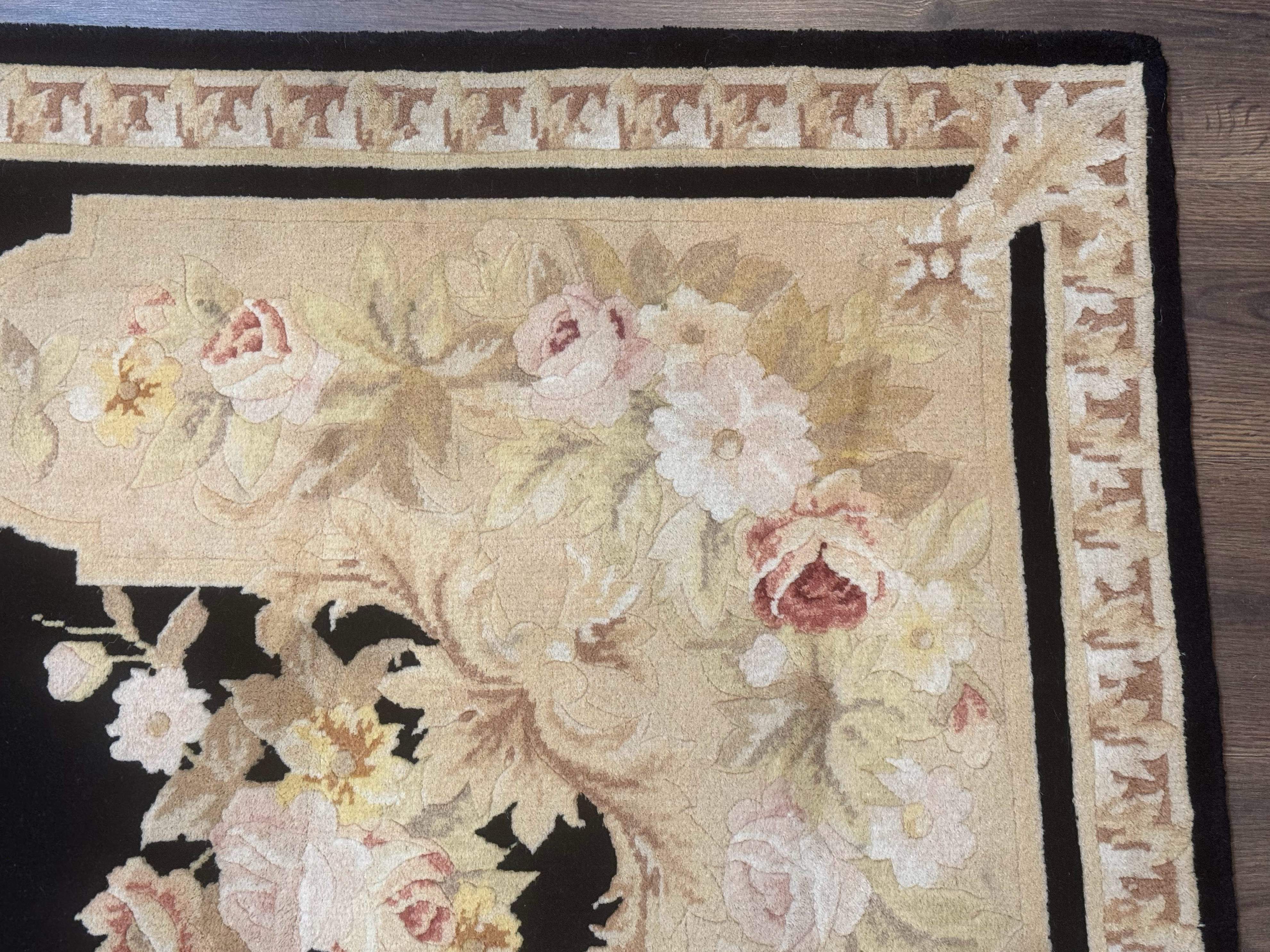 Chinese Aubusson Rug 6x9, Wool Pile, Black, Floral, Elegant - Jewel Rugs