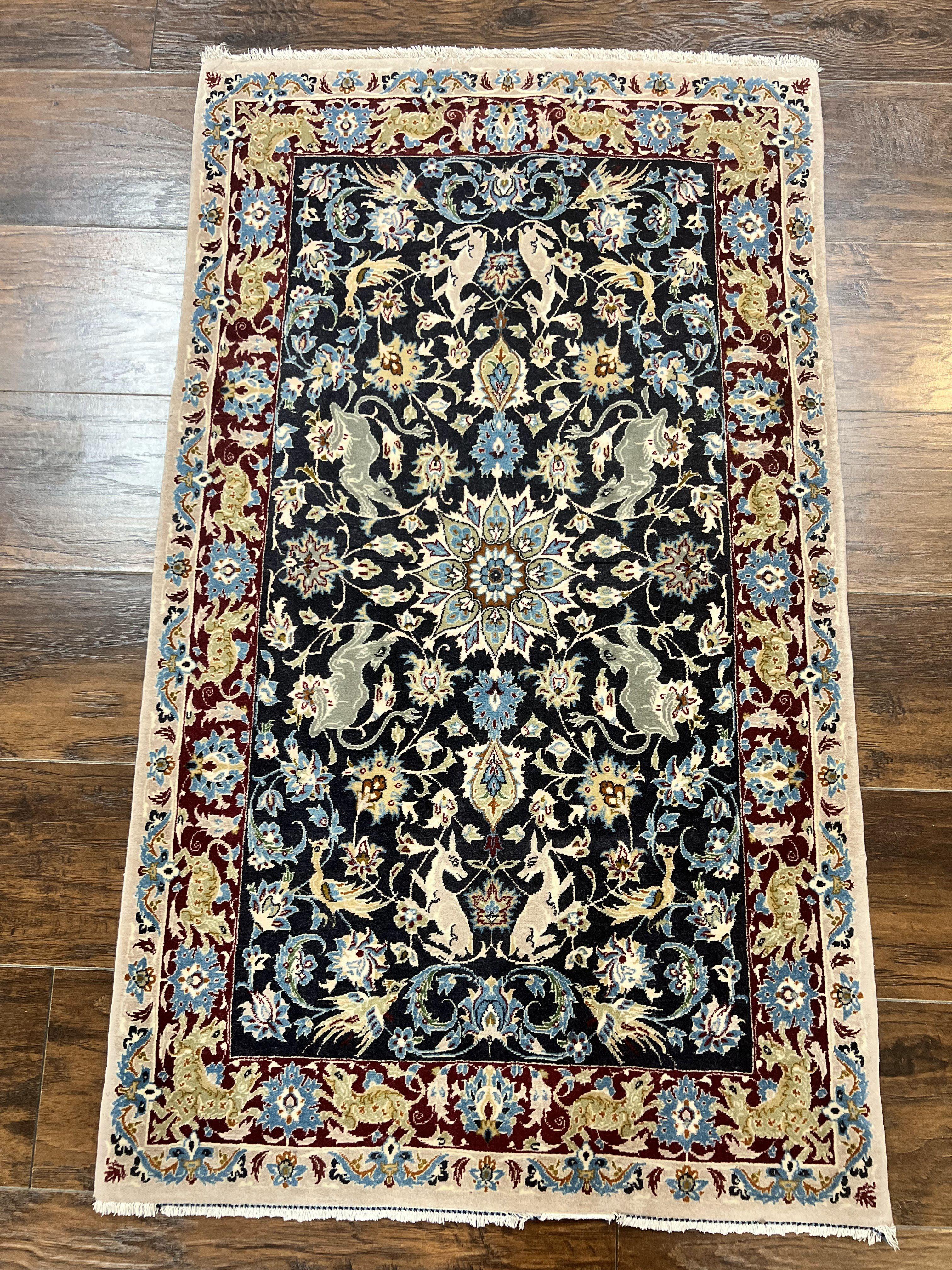 Wonderful Persian Isfahan Rug 2.4 x 4, Animal Pictorials Deer, Floral, Handmade Vintage Navy Blue Small Persian Carpet, Very Fine 430 KPSI Kork Wool - Jewel Rugs