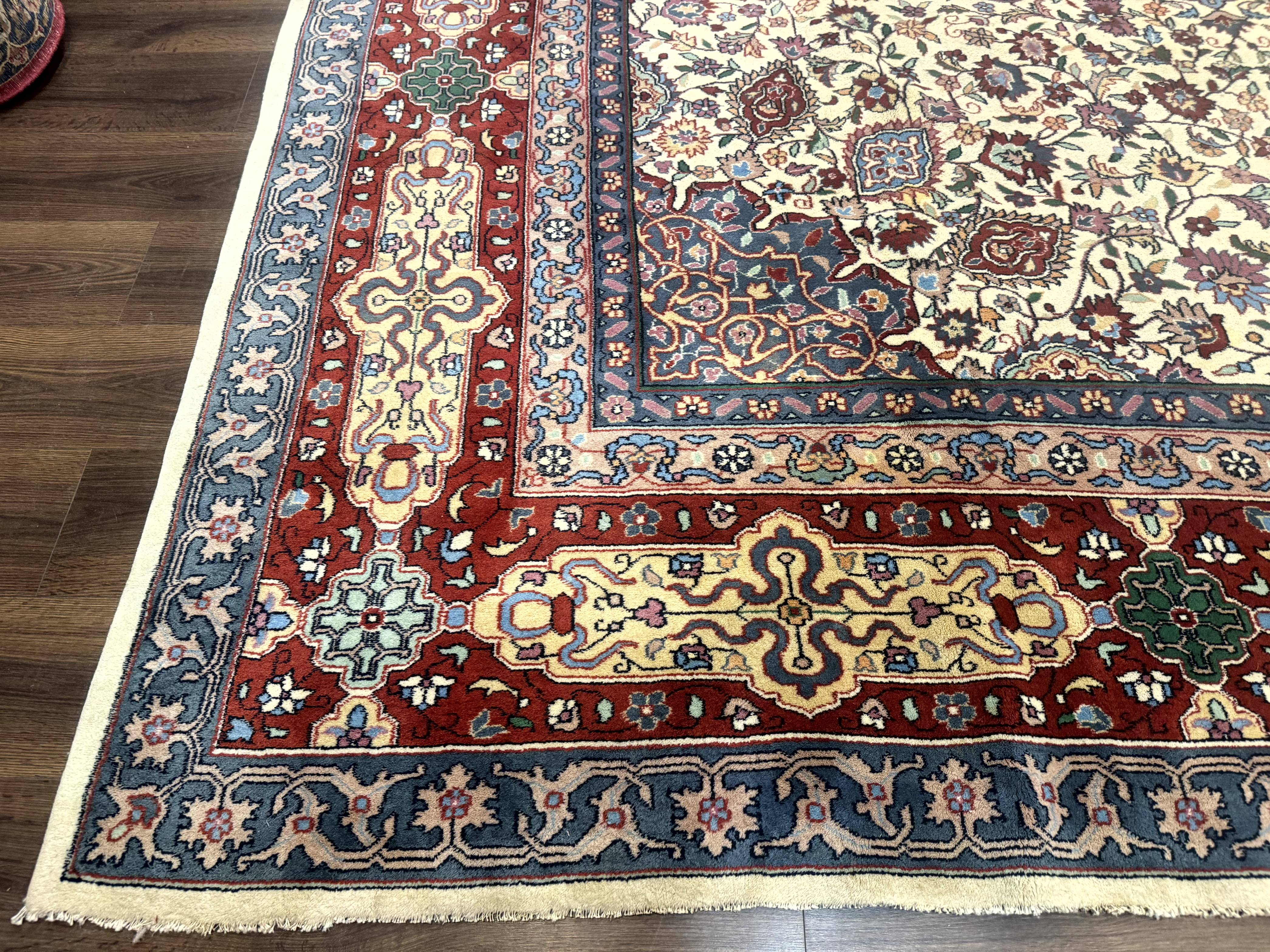 Persian Mashad Rug 10x16, Palace Size Handmade Wool Carpet, Cream Red, Floral Medallion, Vintage - Jewel Rugs