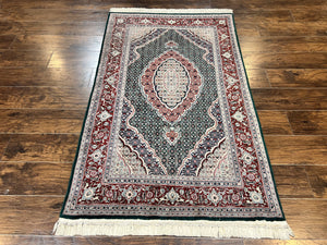 Sino Persian Rug 4x6, Wool with Silk Highlights, Fine Hand Knotted Carpet, Green & Maroon Red, Herati Medallion, Vintage Rug