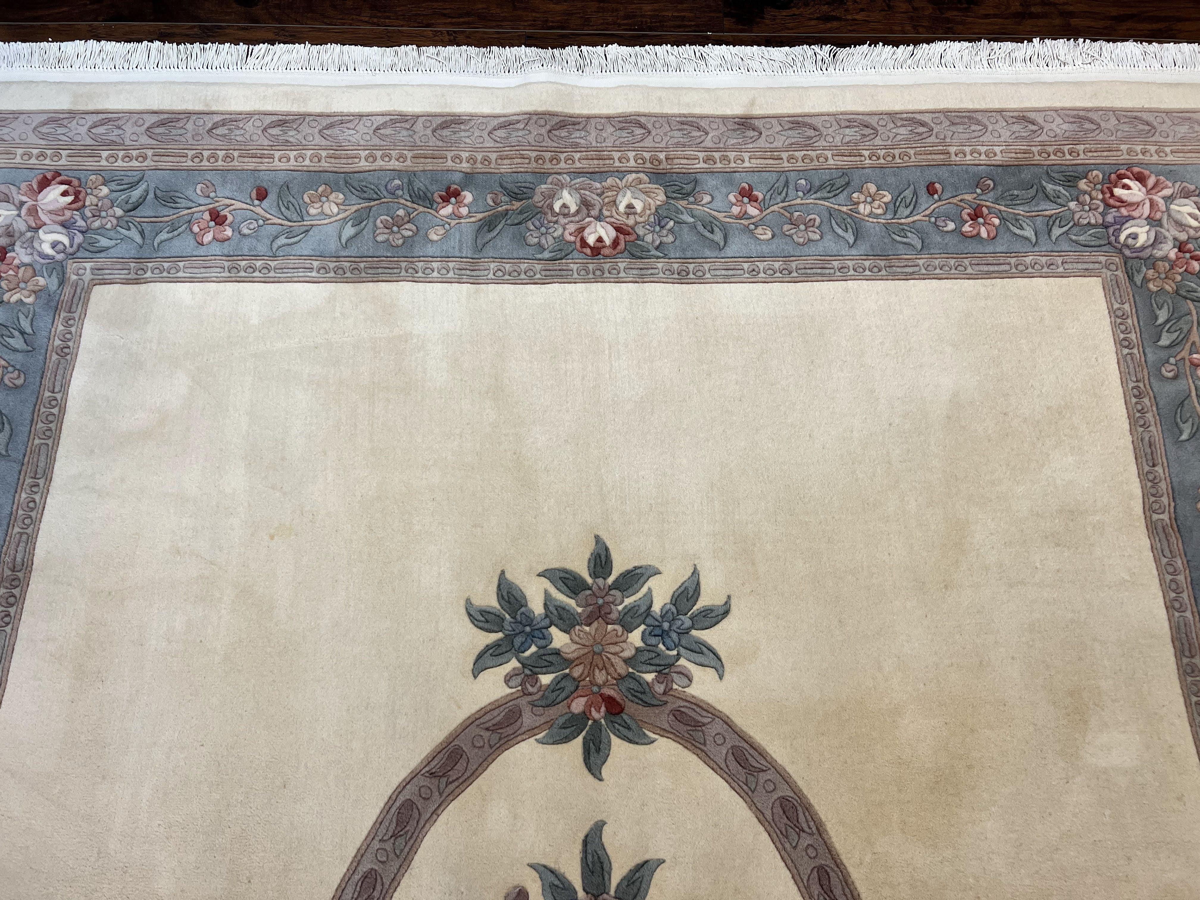 Chinese Carving Rug 8x10, Chinese Wool Carpet 8 x 10, Cream, 120 Line Rug, Vintage Handmade Art Deco Asian Oriental Rug, Aubusson Rug - Jewel Rugs