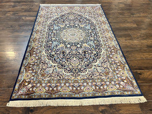 Pak Persian Rug 5x7, Navy Blue Hand Knotted Wool Oriental Carpet 5 x 7 ft, Floral Medallion, Traditional Vintage Pakistani Rug, 225 KPSI