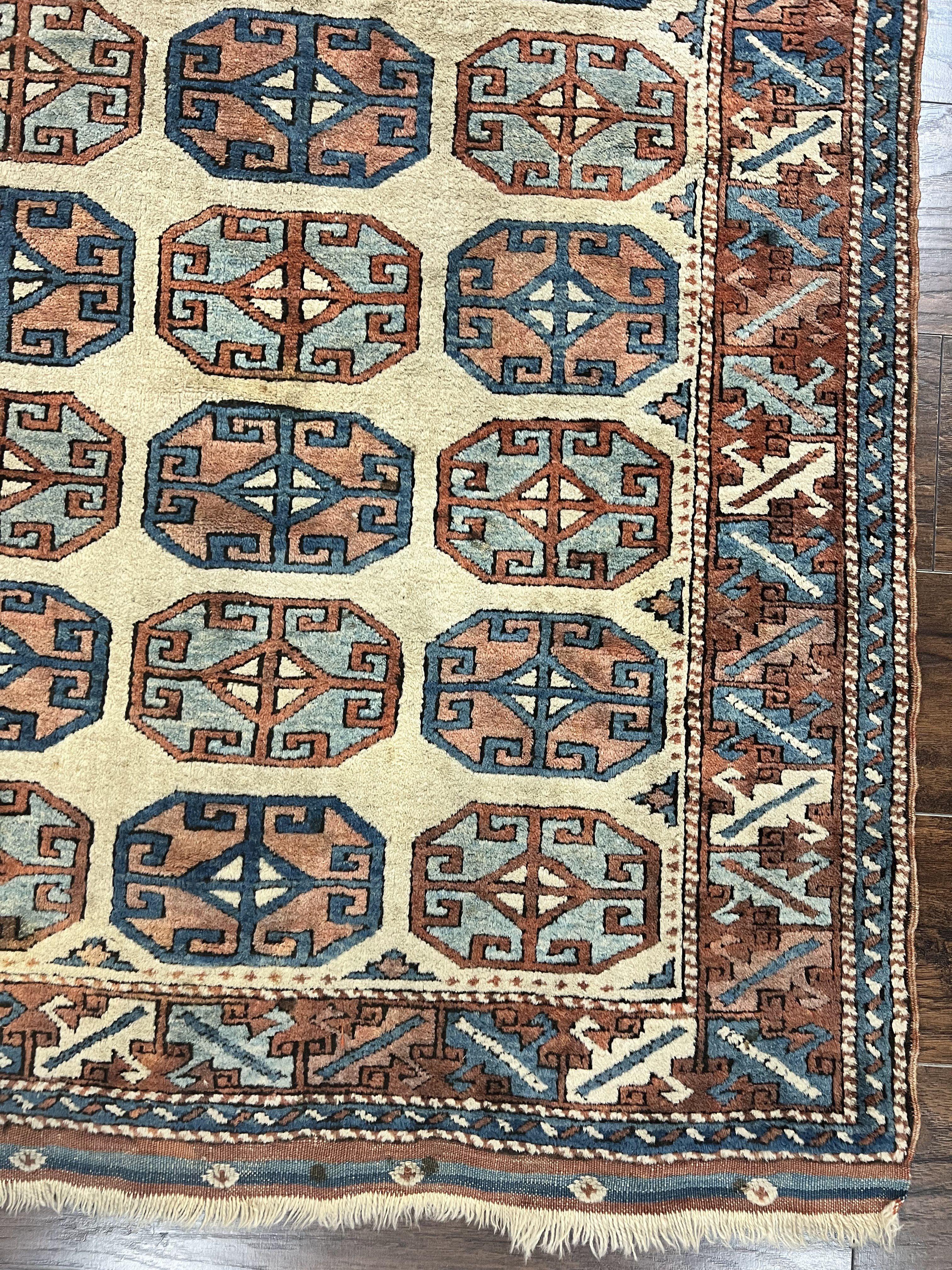 Turkish Kazak Rug 3x4, Wool Hand Knotted Handmade Vintage Carpet, Geometric Tribal Repeated Motif, Small 3 x 4 Antique Rug, Cream Red - Jewel Rugs