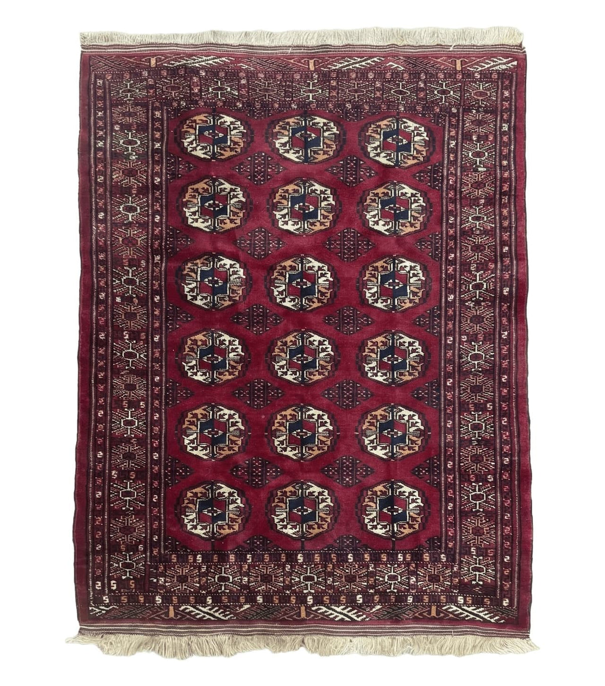 Persian Turkoman Rug 3x4 – Raspberry Red and Ivory, Handmade Wool Vintage Carpet