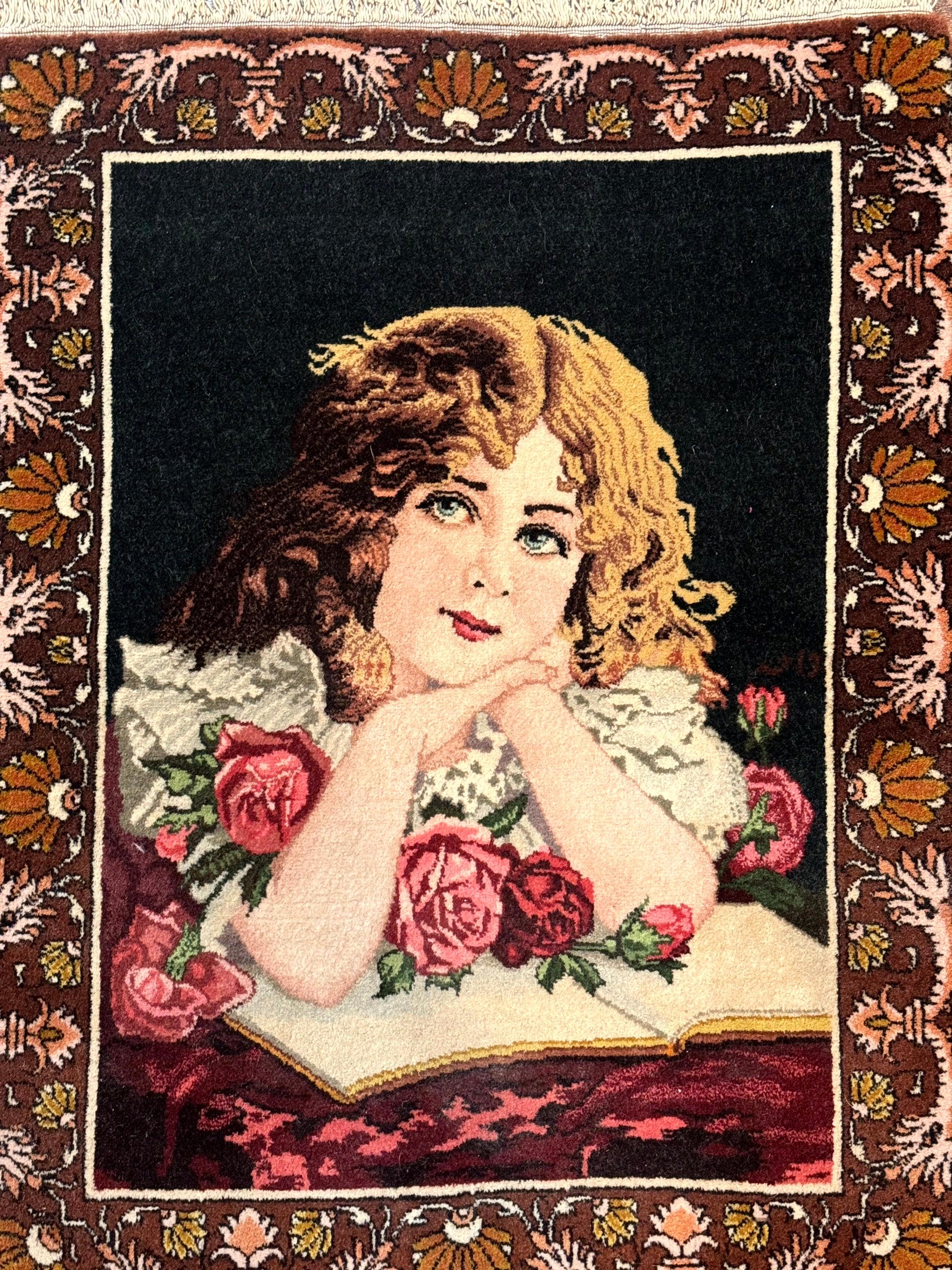 Small Persian Tabriz Pictorial Rug of Young Girl, Very Fine 380 KPSI, Portrait of Young Lady with Roses, Handmade, Persian Rug for Wall Hanging - Jewel Rugs