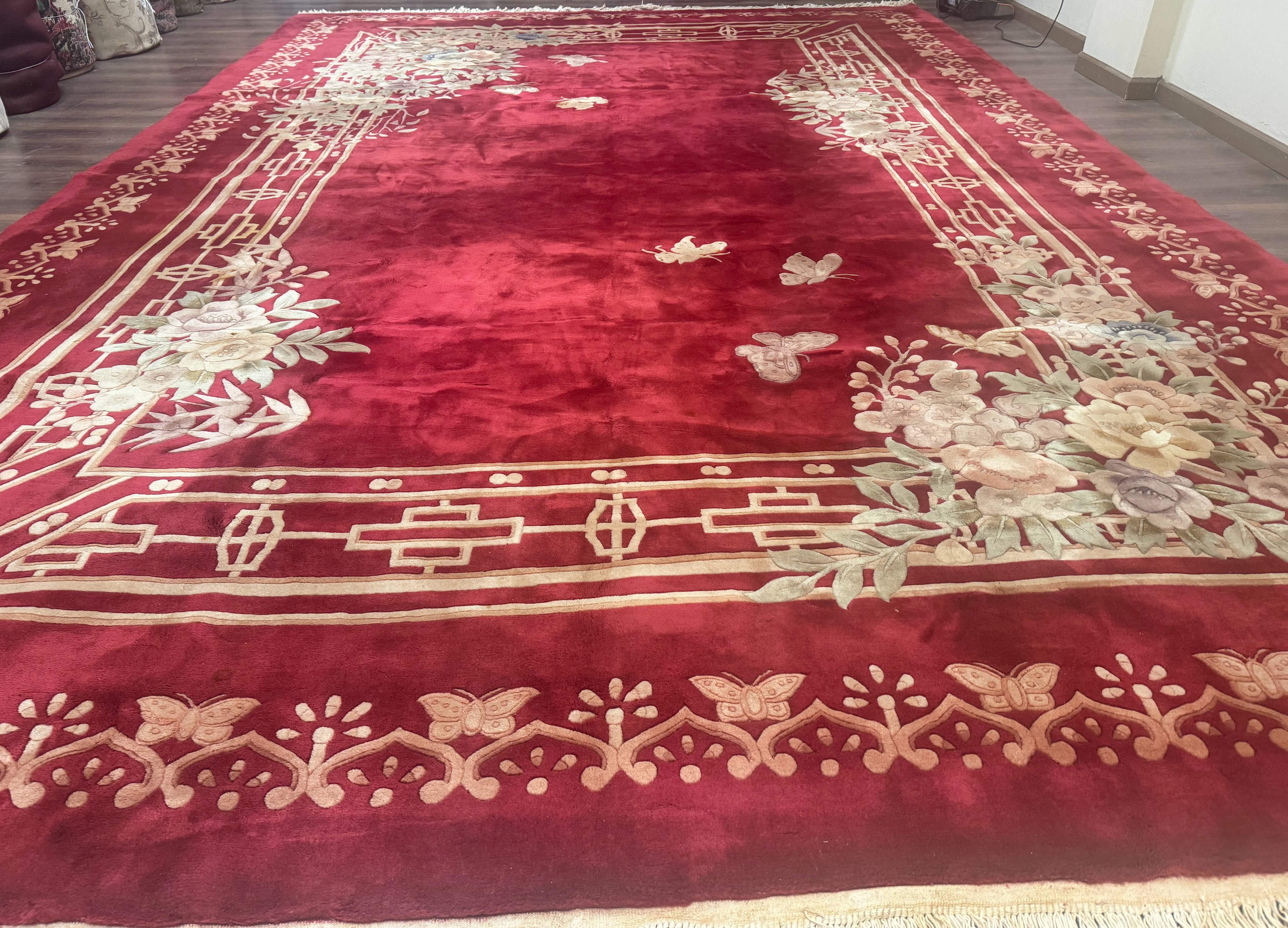 Palace Size Chinese Wool Rug 12x18, Red Art Deco Chinese Carving Carpet, Butterflies Flowers - Jewel Rugs