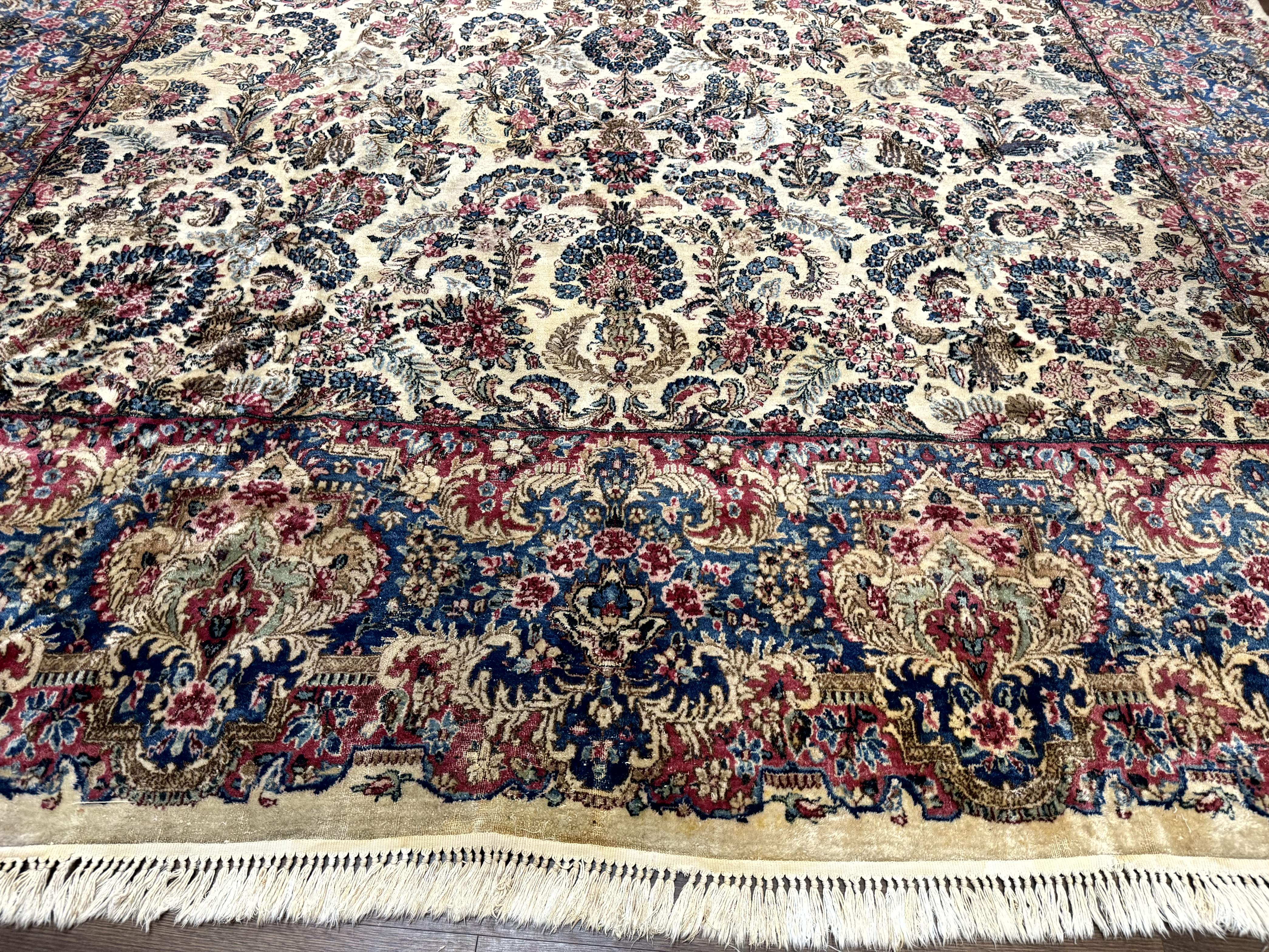 Palace Size Persian Kerman Rug 11x18, Ivory Blue Pink, Floral, Wool, Antique, 200 KPSI - Jewel Rugs