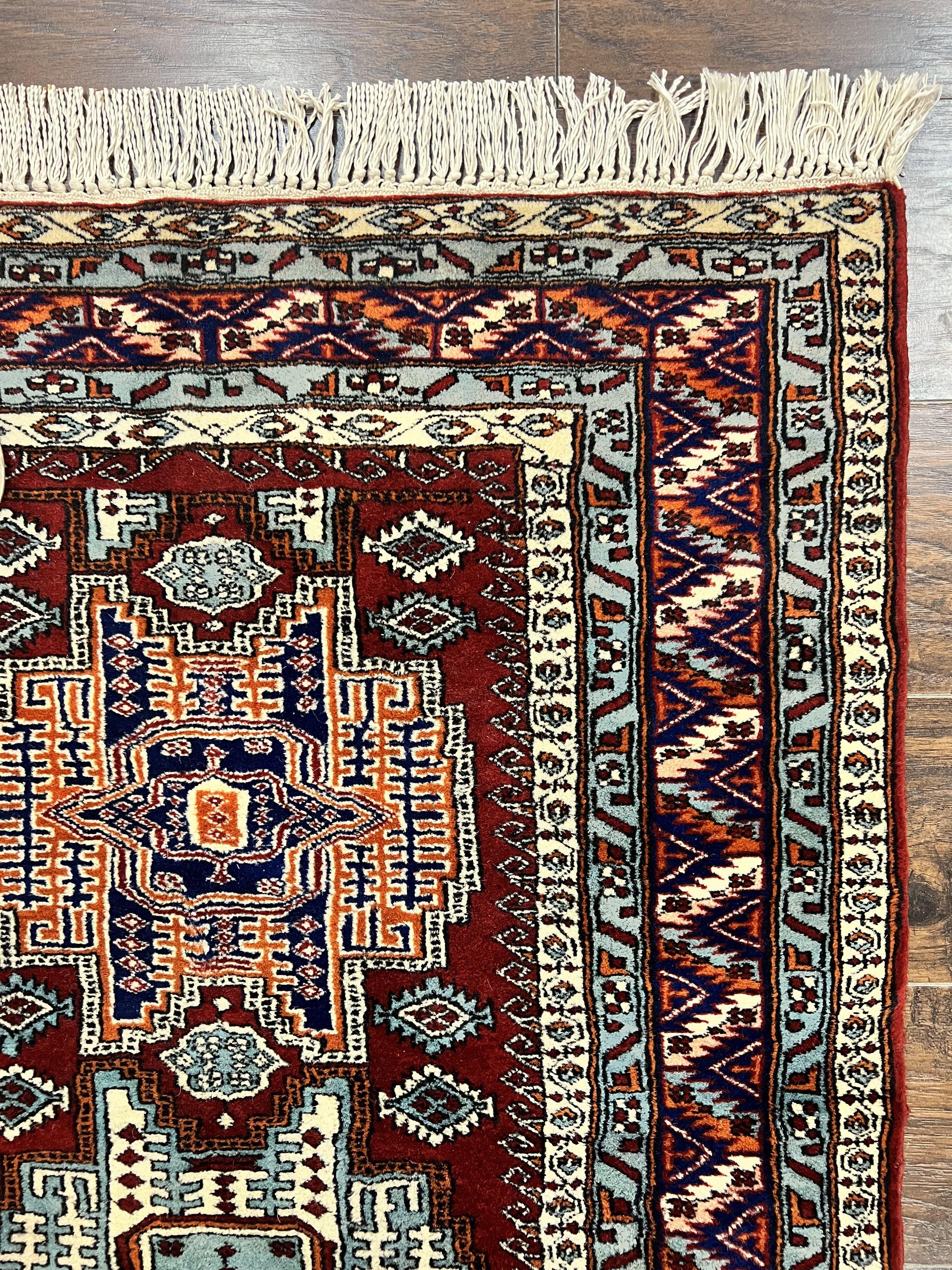 Pakistani Rug 3x5 ft, Caucasian Kazak Design, Geometric Rug, Small Vintage Oriental Carpet, Dark Red Vintage Handmade Wool Rug 3 x 5 - Jewel Rugs