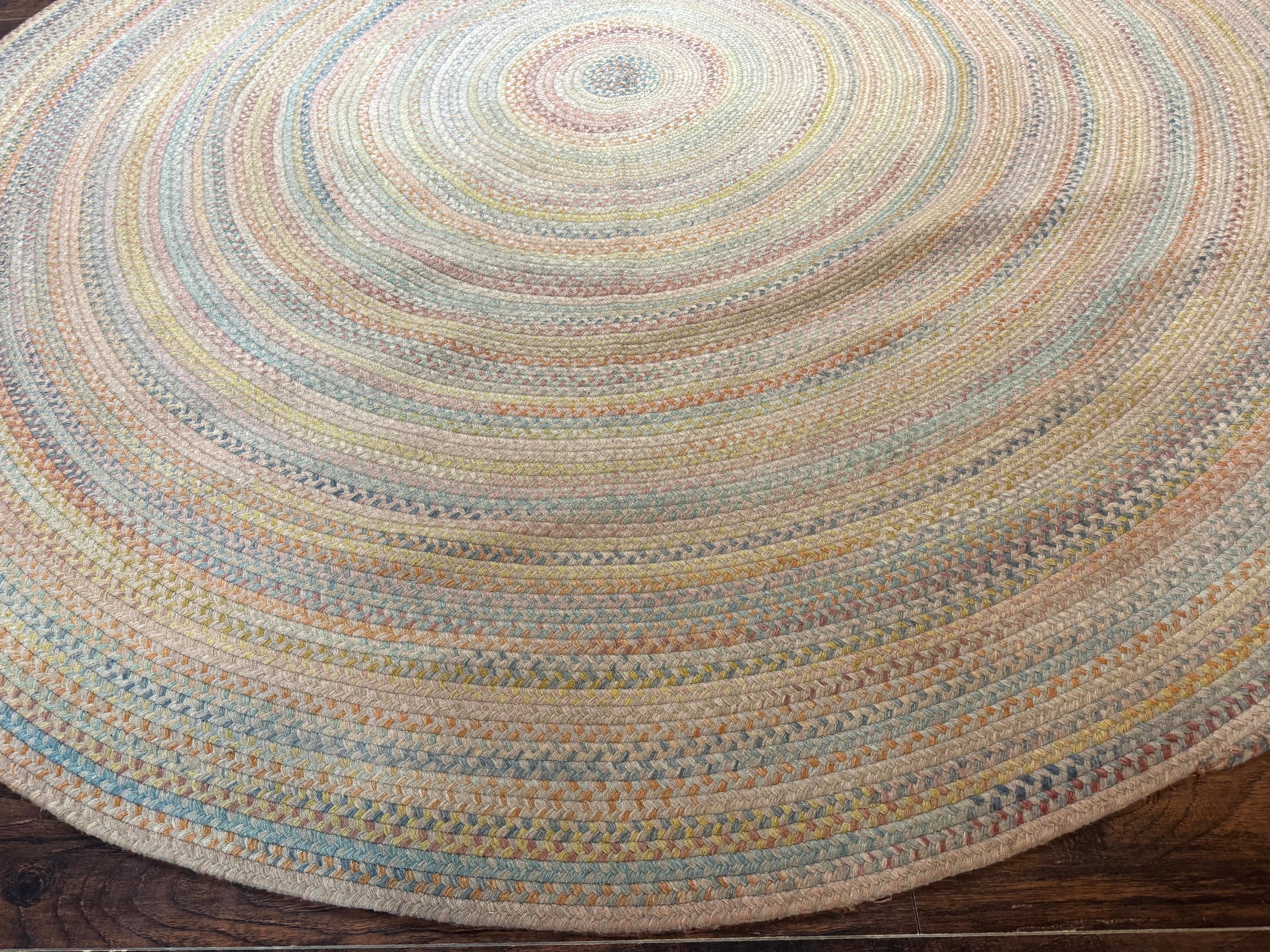 Large American Round Braided Rug 10x10, Multicolor, Vintage, Mid Century, Hand Braided - Jewel Rugs