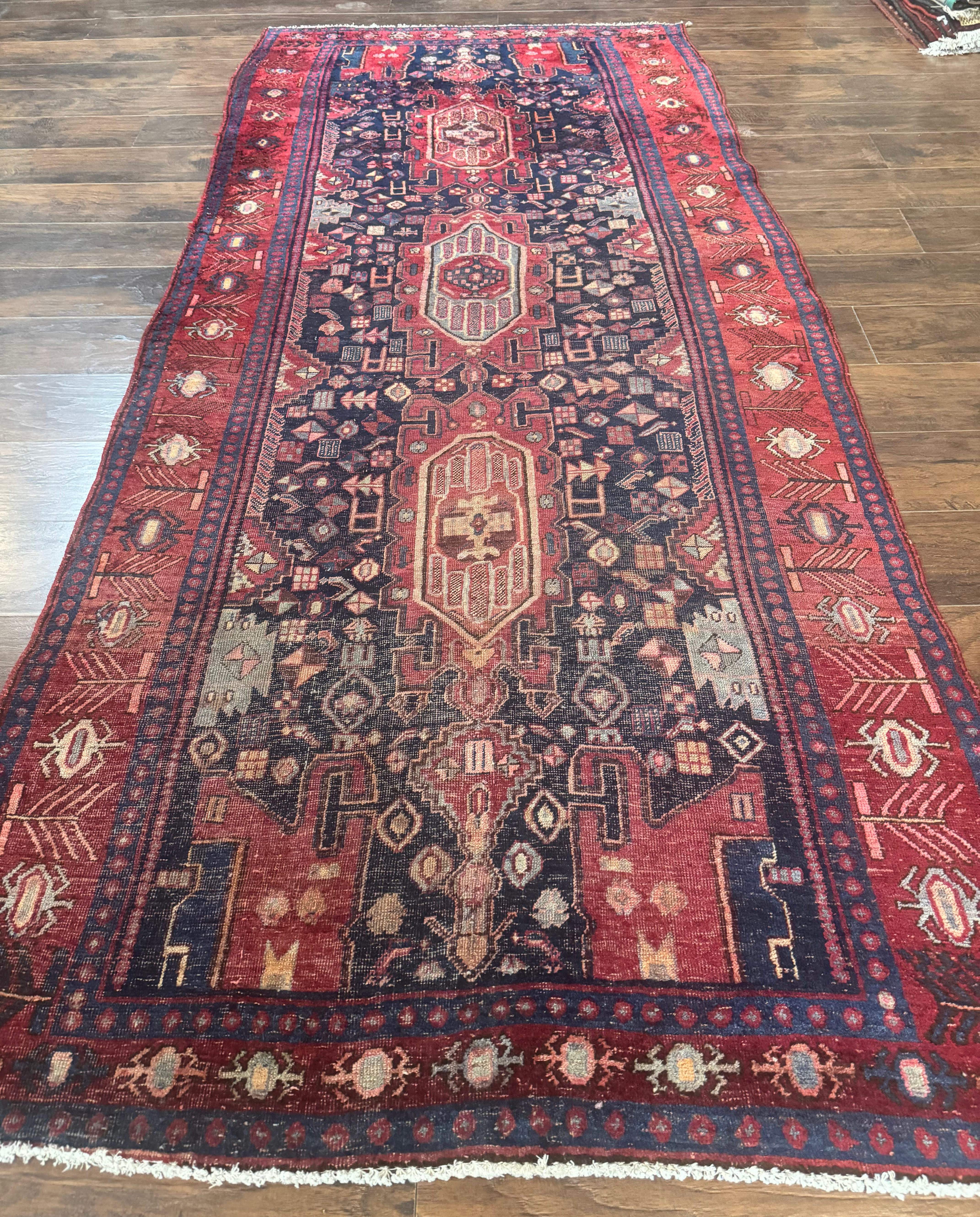 Persian Kurdish Bidjar Runner Rug 4x10 – Navy and Red, Wool Antique Tribal Carpet - Jewel Rugs