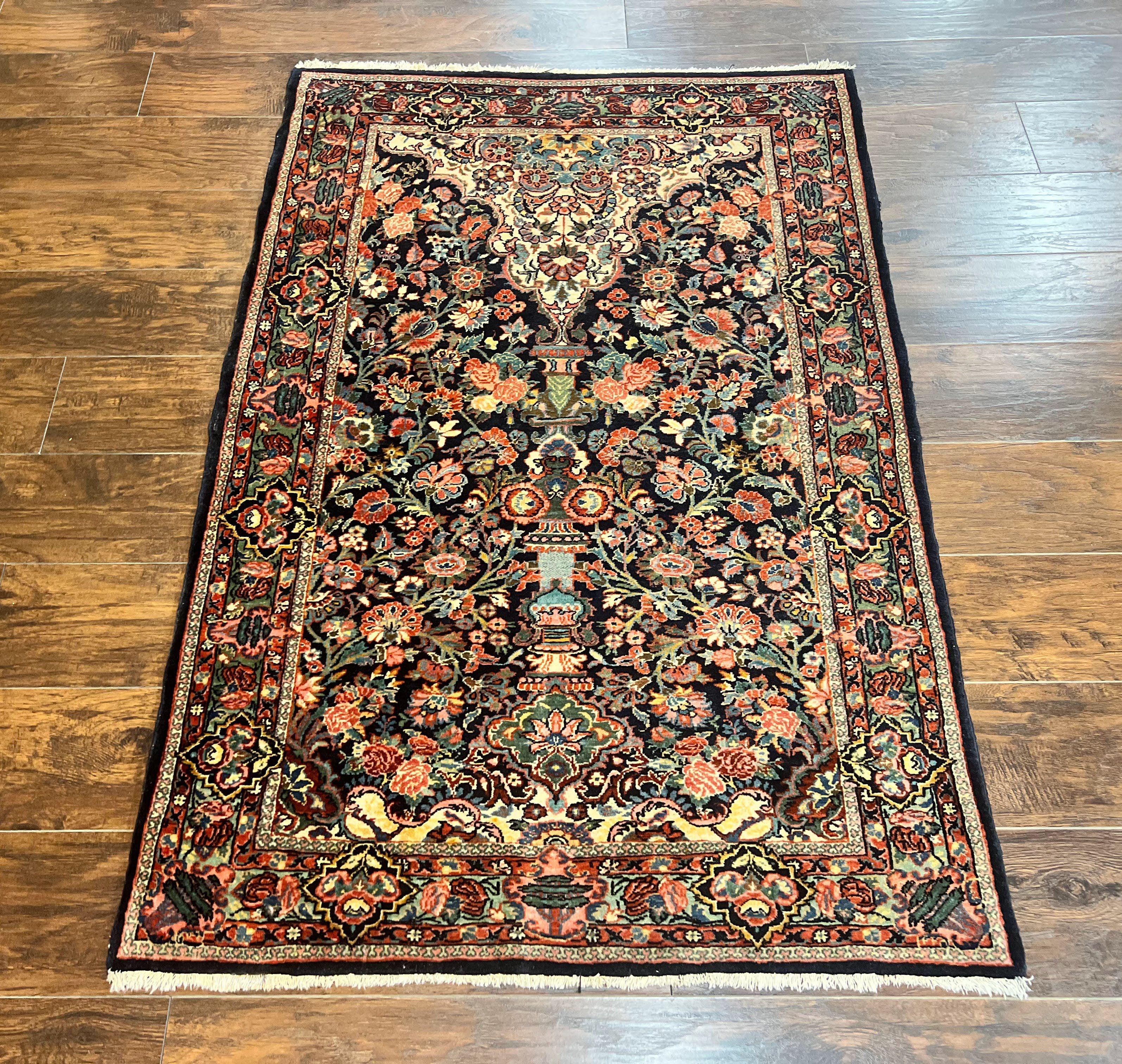 Persian Saoruk Rug 4x5, Navy Blue and Red, Floral, Antique Persian Wool Carpet, Handmade - Jewel Rugs