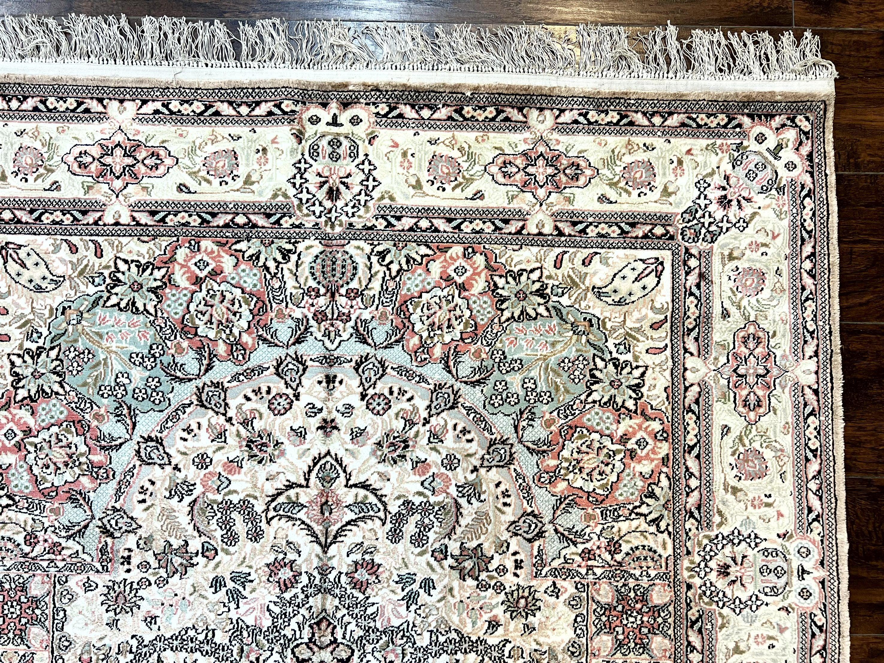 Silk Indian Kashmiri Rug 4x6, Handmade Vintage Silk Carpet, Ivory and Multicolor, Detailed Fine 240 KPSI - Jewel Rugs