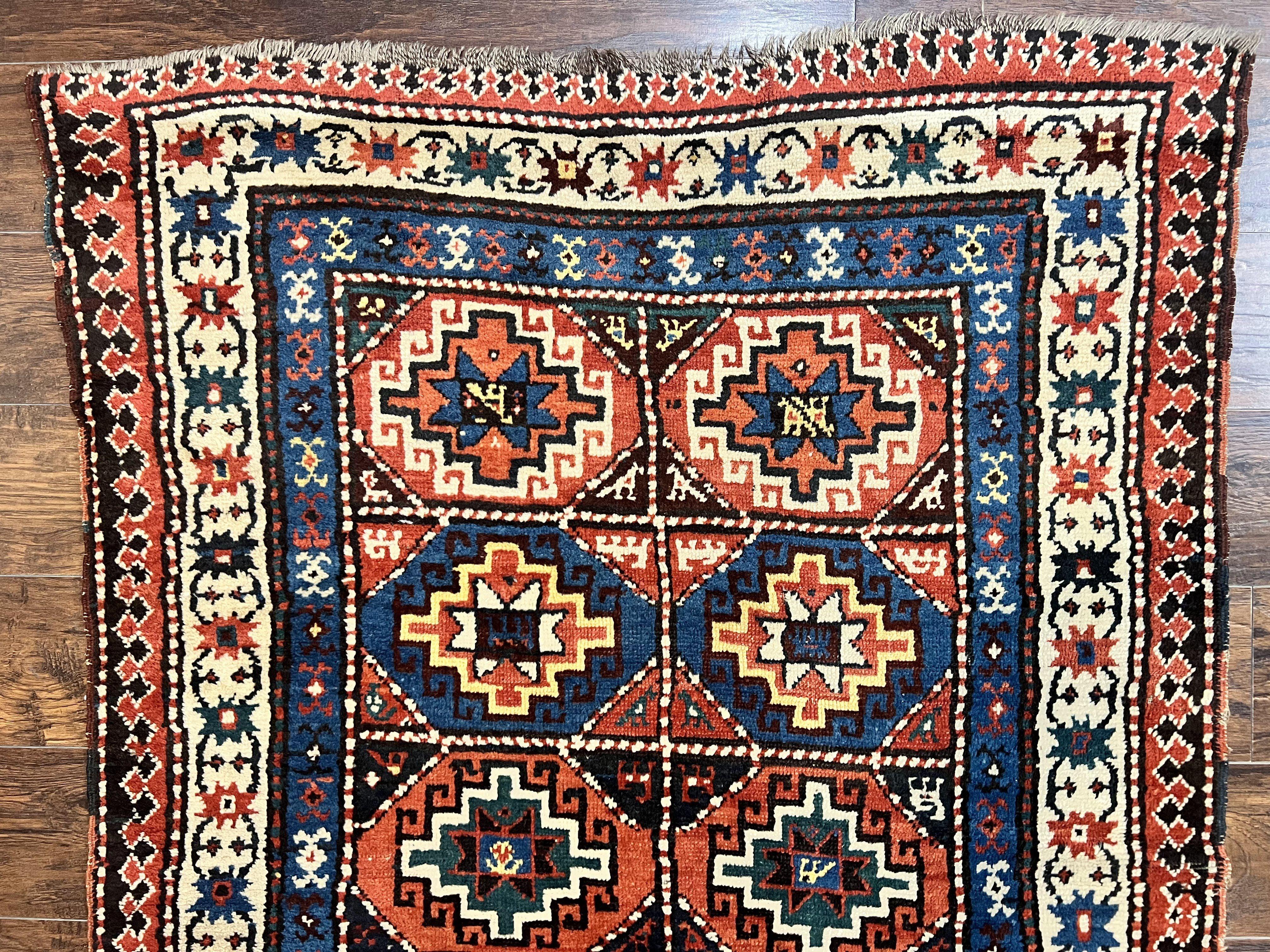 Antique Caucasian Kazak Runner Rug 4 x 9.5, Handmade Wool Rug for Hallway, Rare Colorful Panel Design Mid 19th Century 1870s Oriental Carpet - Jewel Rugs
