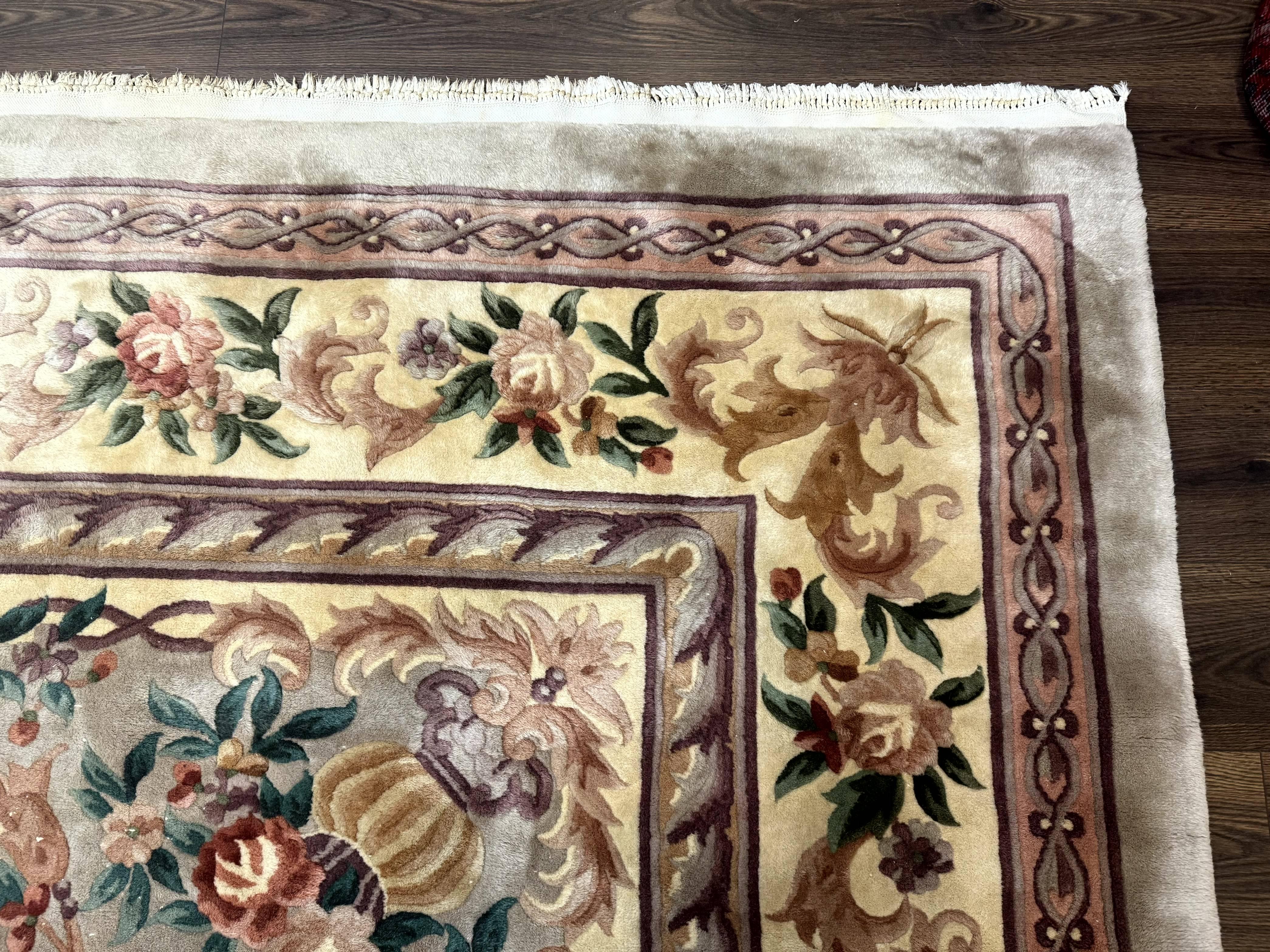 Chinese Aubusson Rug 10x14, Soft Thick Wool Pile, Gray and Beige, Floral, Vintage 1960s Chinese Wool Rug - Jewel Rugs