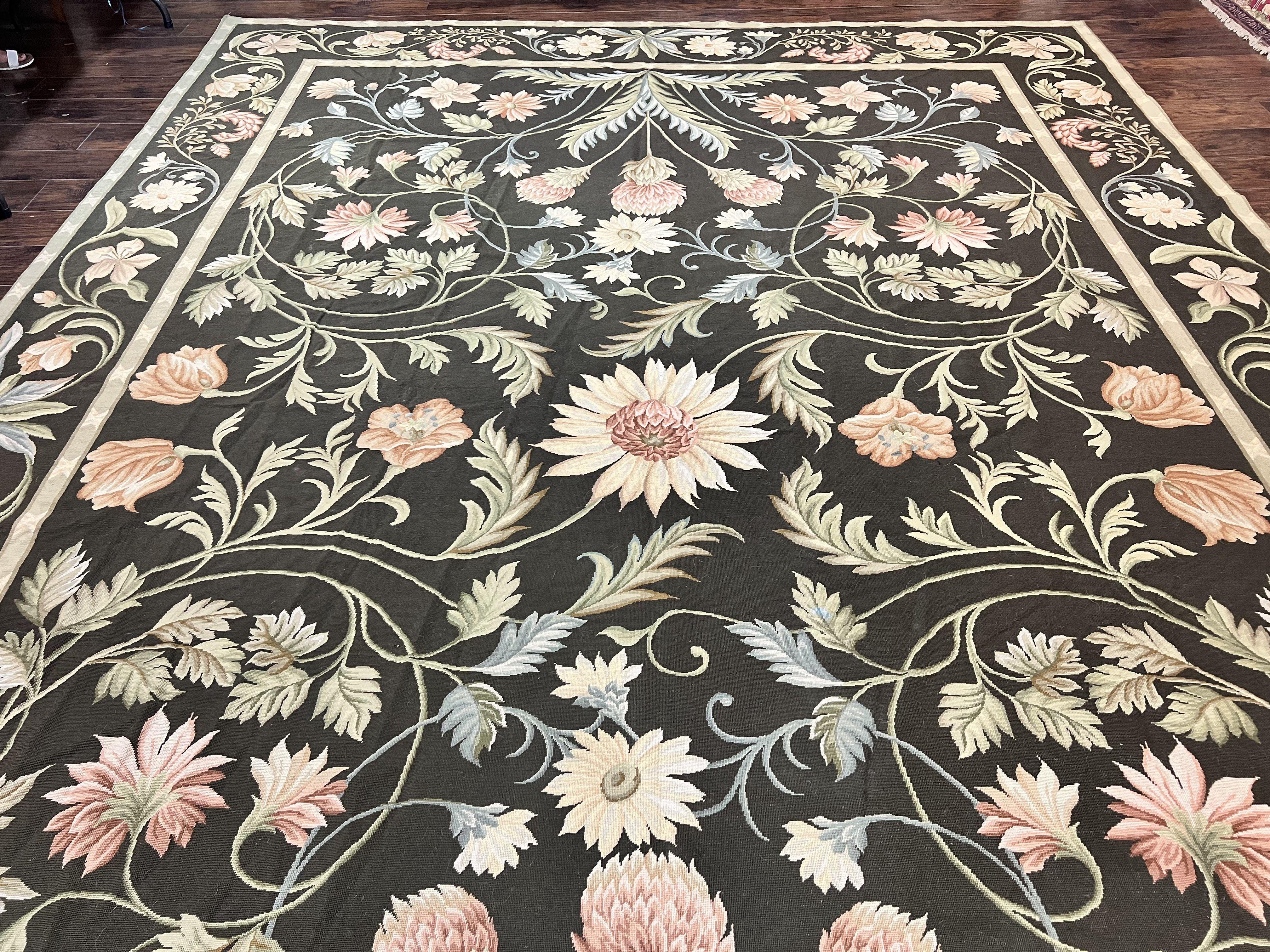 Large Needlepoint Rug 11x16, Dark Green Floral Elegant European Design Vintage Wool Handmade Carpet, Palace Size Rug - Jewel Rugs