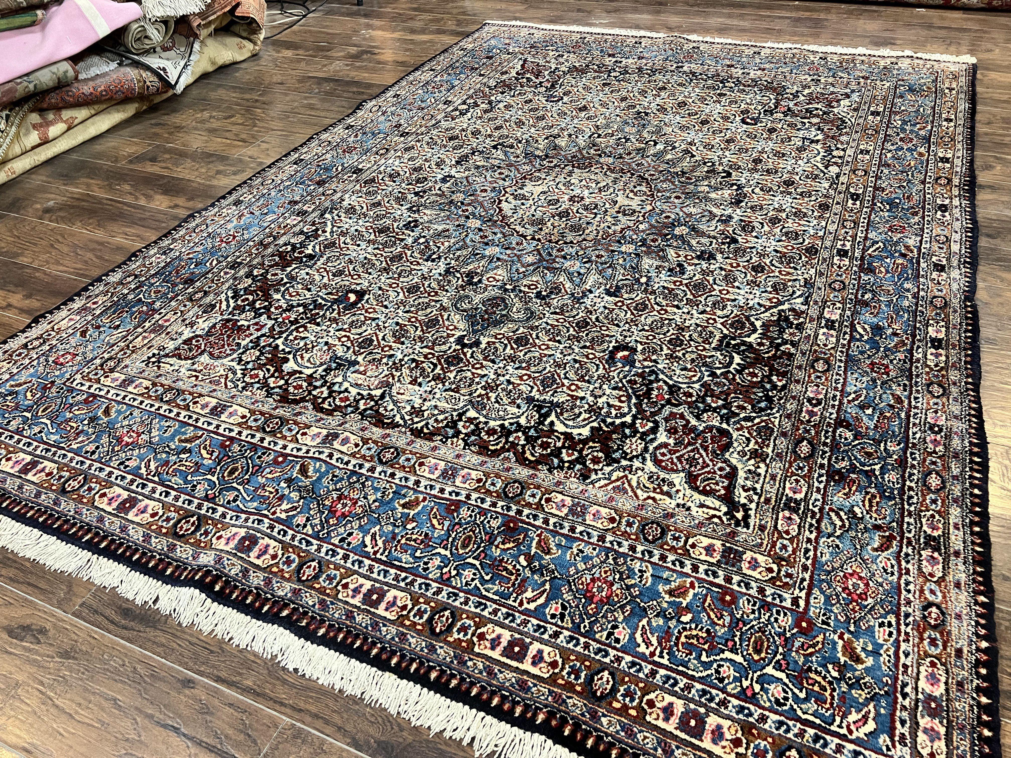 Persian Mashad Rug 7x10, Floral Medallion, Wool Hand Knotted Vintage Oriental Carpet, Blue & Ivory, Traditional Room Sized Rug - Jewel Rugs