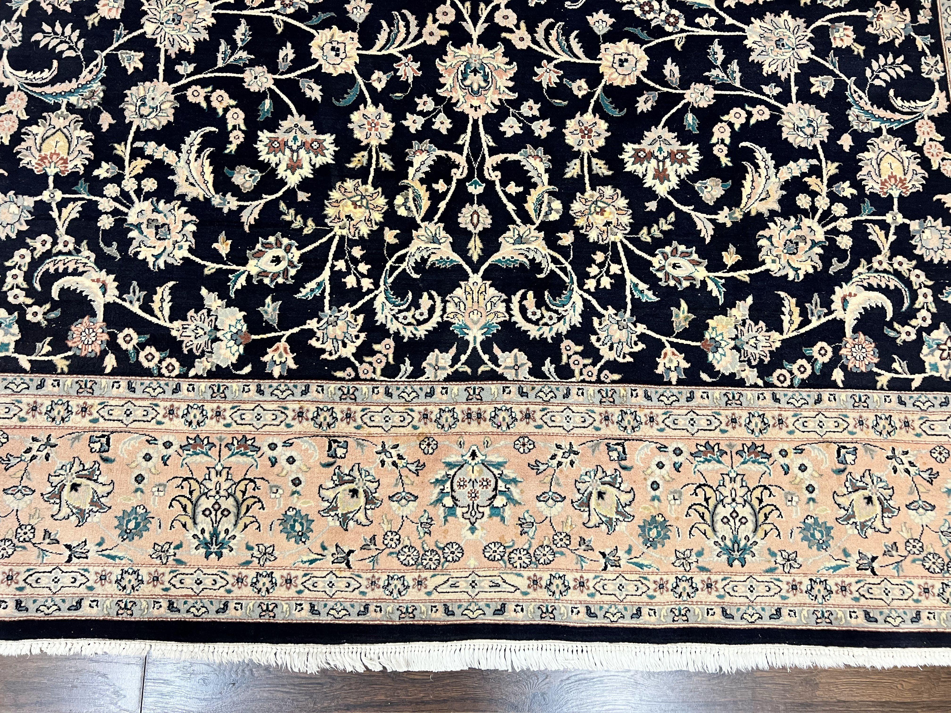 Pak Persian Rug 8x11, Fine Floral Allover Oriental Carpet 8 x 11 ft, Dark Blue and Pink, Room Sized Wool Vintage Rug, Hand Knotted Rug - Jewel Rugs
