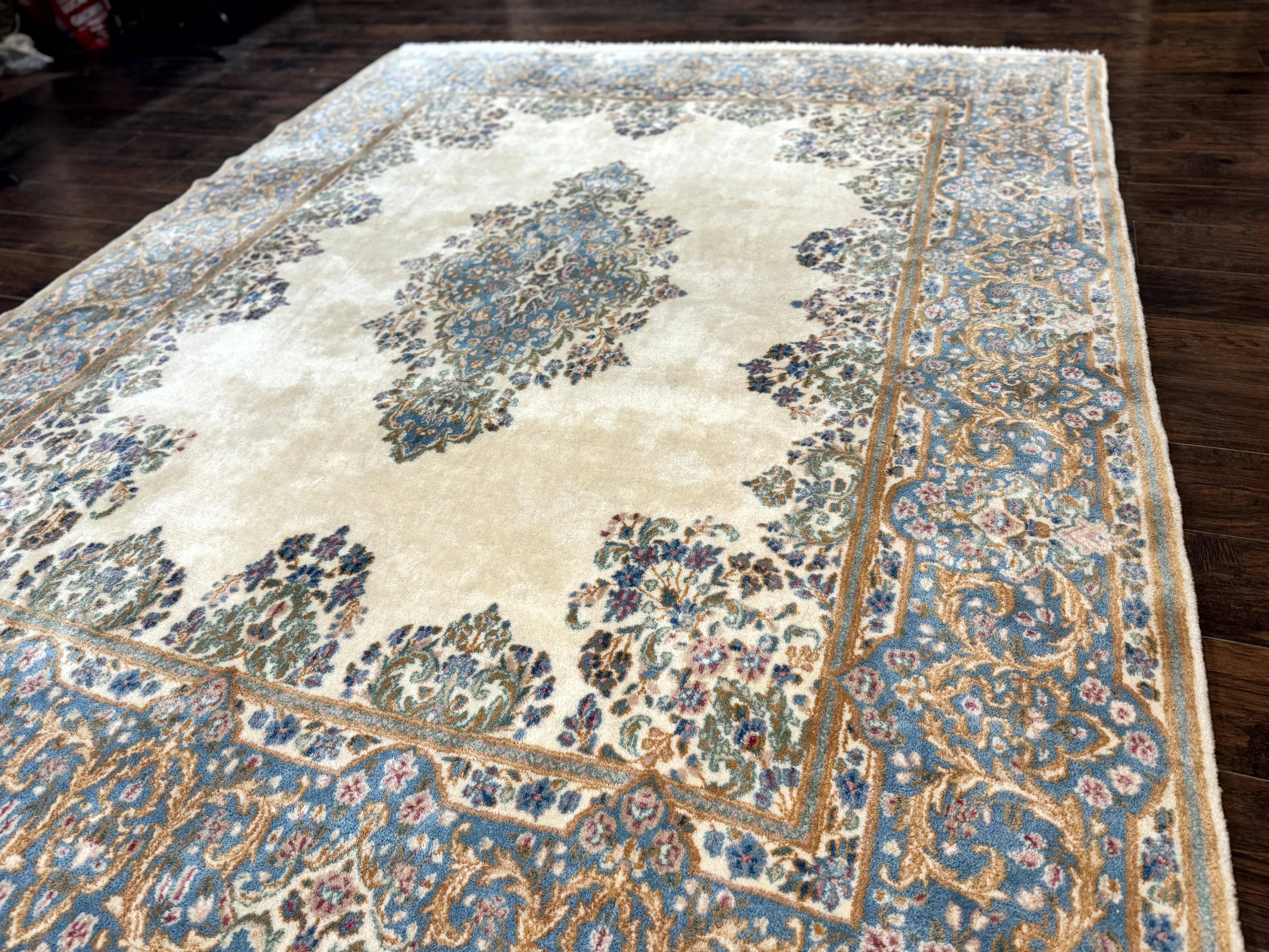 Persian Floral Kirman Rug 8x10, Ivory/Cream and Light Blue, Pastel Colors, Handmade Vintage Wool Carpet, Semi Open Field - Jewel Rugs