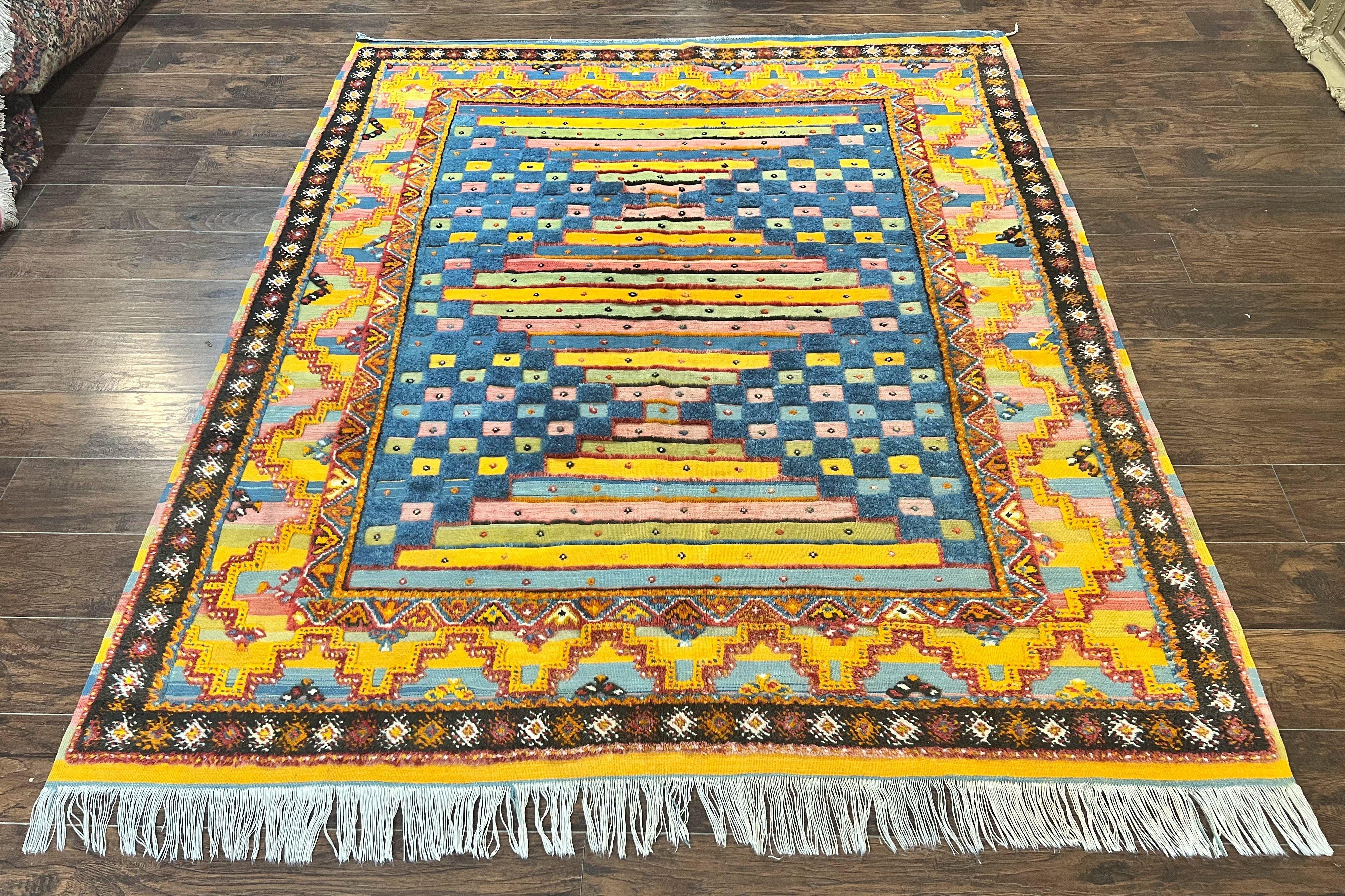 Colorful Moroccan Rug 7x8, Abstract Design, Wool Multicolor Handmade Vintage Carpet, Tribal Rug, Berber Rug - Jewel Rugs
